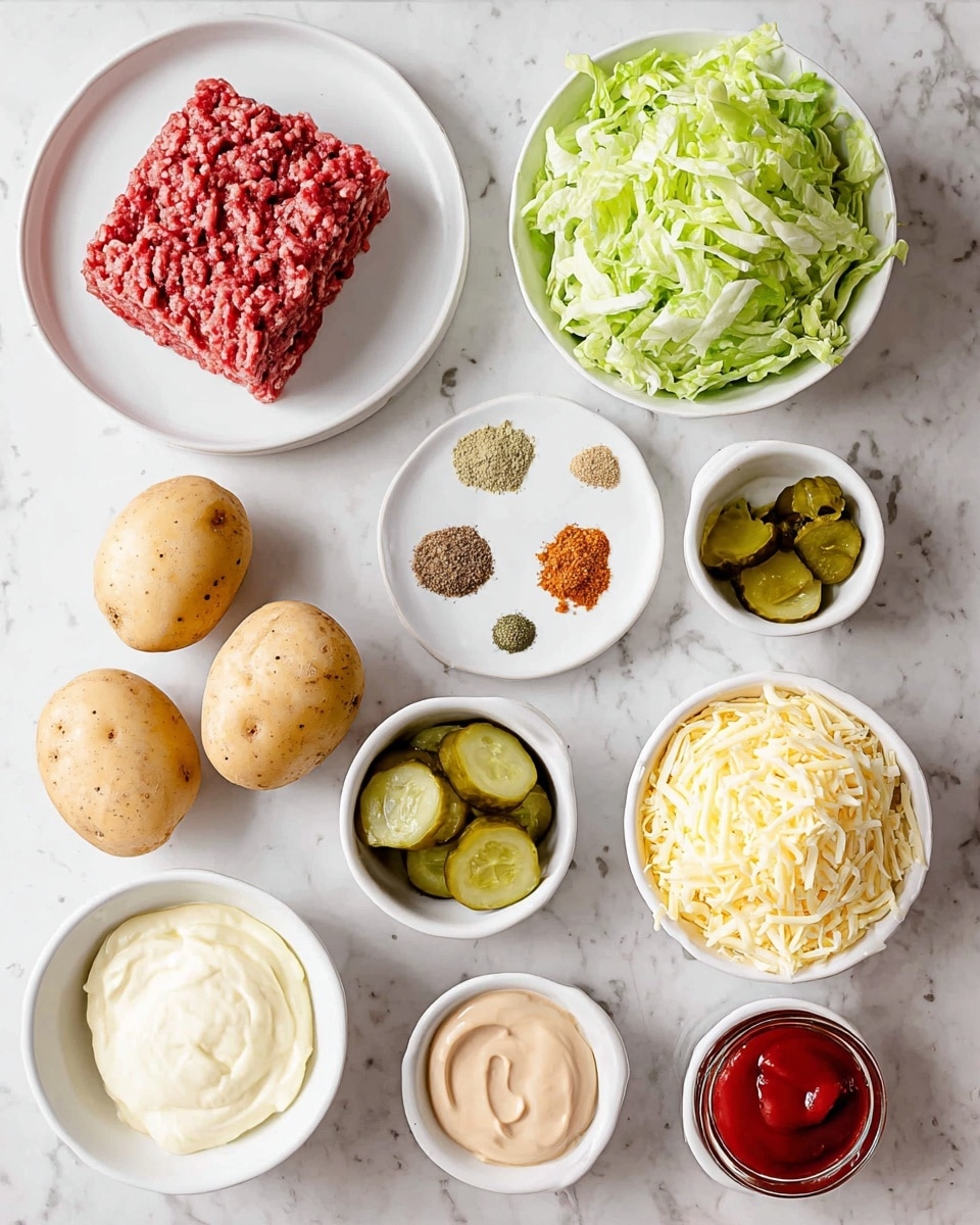 The image shows eight white bowls and plates arranged on a white marbled surface, each holding different ingredients. At the top left, a white plate has a block of raw red beef mince with a textured surface. To its right, a white bowl is filled with bright green shredded lettuce layers. Below the mince, three whole light brown potatoes rest on the surface. In the center, a small white plate contains four different spices divided into quarters with colors of greenish-brown, beige, and reddish-orange. To the right of the spices, a small white bowl holds round, greenish pickle slices stacked unevenly. Below the pickles, another white bowl is filled with pale yellow dairy-free shredded cheese. Below the spices and lettuce, a tiny white dish has a small dollop of light brown mustard paste. On the bottom left, a white bowl is filled with creamy white mayonnaise with a soft texture. Next to it, a small white bowl contains red ketchup with a smooth thick texture. The setup is orderly and clear, showing each ingredient distinctly, photo taken with an iphone --ar 4:5 --v 7
