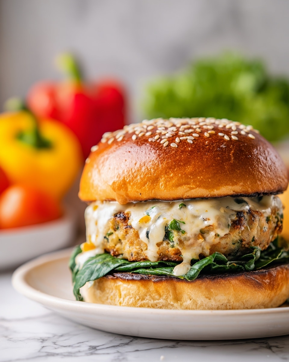 The image shows a sandwich with four clear layers on a white plate set on a white marbled surface. The bottom layer is a lightly toasted white bun with a golden brown color. On top of that is a layer of fresh bright green spinach leaves with a shiny texture. Above the spinach is a thick, cooked chicken piece with visible black specks and herbs, and melted white cheese with green herb flecks fully covering the chicken. The top layer is a golden brown toasted bun sprinkled with sesame seeds and black seasoning bits. Some fries are scattered around the plate in the background, and the photo is taken with warm indoor lighting. Photo taken with an iphone --ar 4:5 --v 7