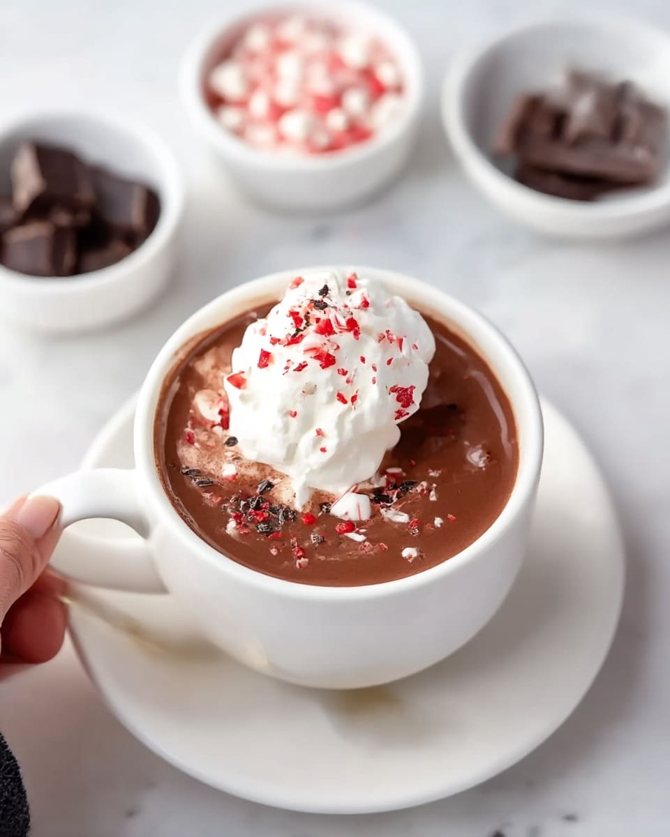 A white cup filled with thick hot chocolate topped with a large dollop of white whipped cream, sprinkled with small red and dark chocolate shavings. The cup sits on a white saucer on a white marbled surface. Two small white bowls are blurred in the background, one with dark chocolate pieces and the other with pink and white crushed candy. A woman's hand holds a golden spoon resting on the saucer. photo taken with an iphone --ar 4:5 --v 7