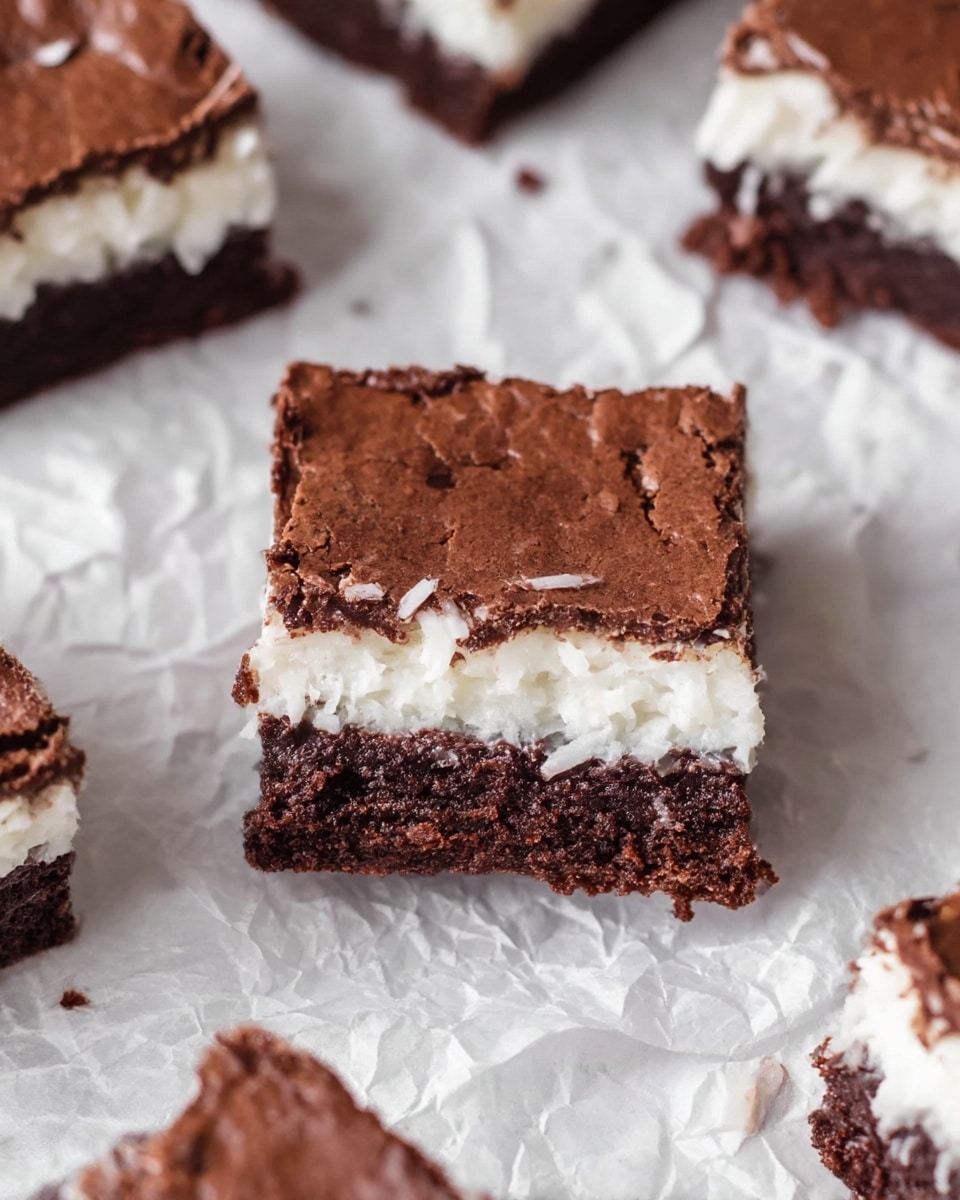 The image shows square pieces of a layered dessert with three layers. The bottom and top layers are dark brown, thick, and fudgy with a rough texture like brownie. The middle layer is white with a soft, creamy, and slightly shredded texture, looking like coconut filling. The pieces are placed on crumpled white parchment paper over a white marbled surface, with one piece centered and others partially visible around it. The top brown layer has small cracks and a matte finish that looks slightly crumbly. photo taken with an iphone --ar 4:5 --v 7