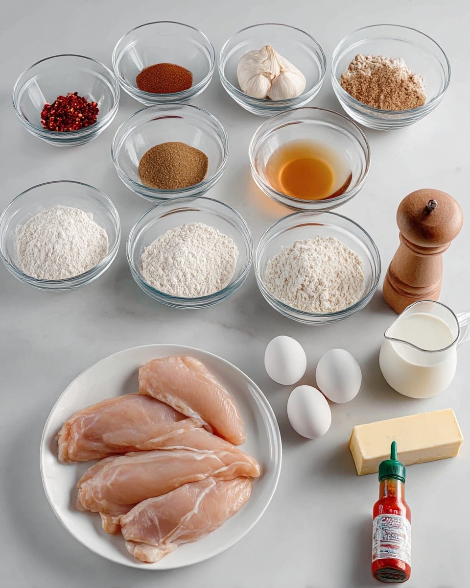 The image shows several clear glass bowls arranged neatly on a white marbled surface, each containing different cooking ingredients. There are six bowls in the top rows: one with red chili flakes, one with brown spice, one with raw garlic cloves, one with light brown liquid, and two empty. In front, there are three more bowls with white powders, likely flour and other dry ingredients, and one with three eggs. On a white plate, there are six raw chicken tenders placed side by side. To the right are a small glass jug of white cream or milk, a stick of butter, a wooden pepper grinder, a wooden salt grinder, and a bottle of hot sauce with a green cap and red label. The clean setup is ready for cooking. photo taken with an iphone --ar 4:5 --v 7