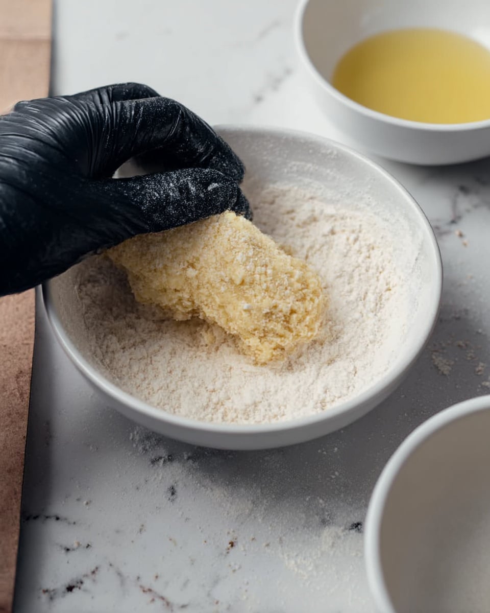 A woman's hand wearing a black glove holds a piece of light yellow food with a soft texture, dipping it into a white bowl filled with white flour. The bowl is placed on a white marbled surface, and another white bowl with a yellow liquid is partially visible to the side. The scene focuses on the process of coating the food in flour, with the powder looking soft and dusty around the edges of the bowl photo taken with an iphone --ar 4:5 --v 7