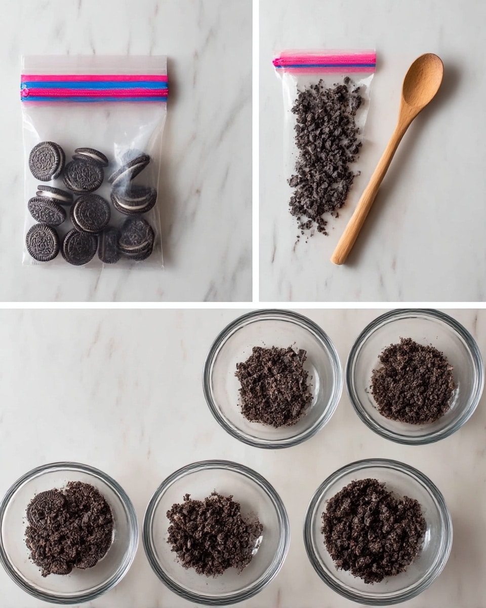 The image set shows the process of preparing crushed cookies. The first part shows a white marbled surface with whole dark chocolate sandwich cookies kept inside a clear plastic zip lock bag with a pink and blue zipper. The second part shows the same zip lock bag with the cookies now crushed into small uneven dark pieces, accompanied by a wooden spoon lying on the right side of the bag, all placed on a white marbled surface. The last part displays six clear glass bowls arranged in two rows of three on a white marbled surface. Each bowl contains a layer of the crushed dark chocolate cookie crumbs. photo taken with an iphone --ar 4:5 --v 7