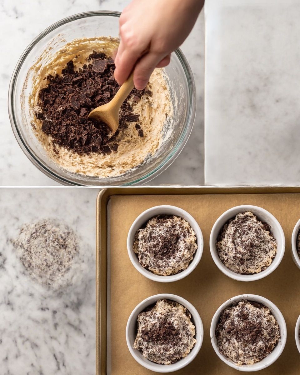The image shows three stages of making a chocolate dessert in a large clear glass bowl. On the left, a woman's hand holding a wooden spoon mixes dark brown crushed chocolate pieces on top of a thick, light cream-colored mixture. In the middle, the wooden spoon stirs the mixture, which is now fully blended with the chocolate, creating a textured light tan color with dark chocolate bits spread throughout. On the right, six round white bowls are filled with this mixture, all evenly spread on top, placed on a baking tray lined with parchment paper on a white marbled surface. Photo taken with an iphone --ar 4:5 --v 7