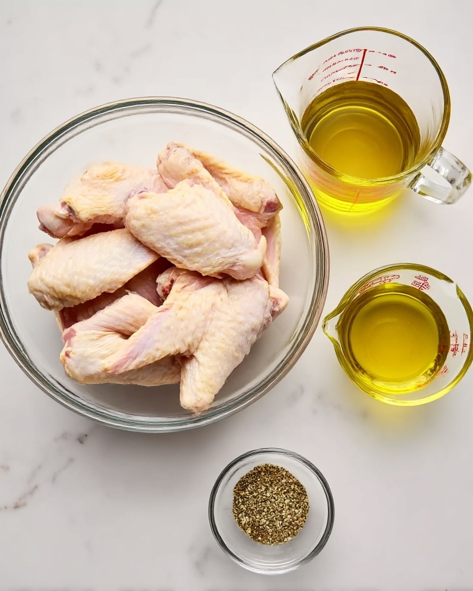 A clear glass bowl filled with several raw chicken wings showing light pink and pale yellow skin sits on a white marbled surface. To the right, there are two clear glass measuring cups, one larger and filled with light yellow oil and the other smaller with a similar yellow liquid. Below these, a small clear bowl contains a mix of black and white ground spices, likely pepper. The layout is neat, with all items close together, highlighting the raw ingredients before cooking photo taken with an iphone --ar 4:5 --v 7