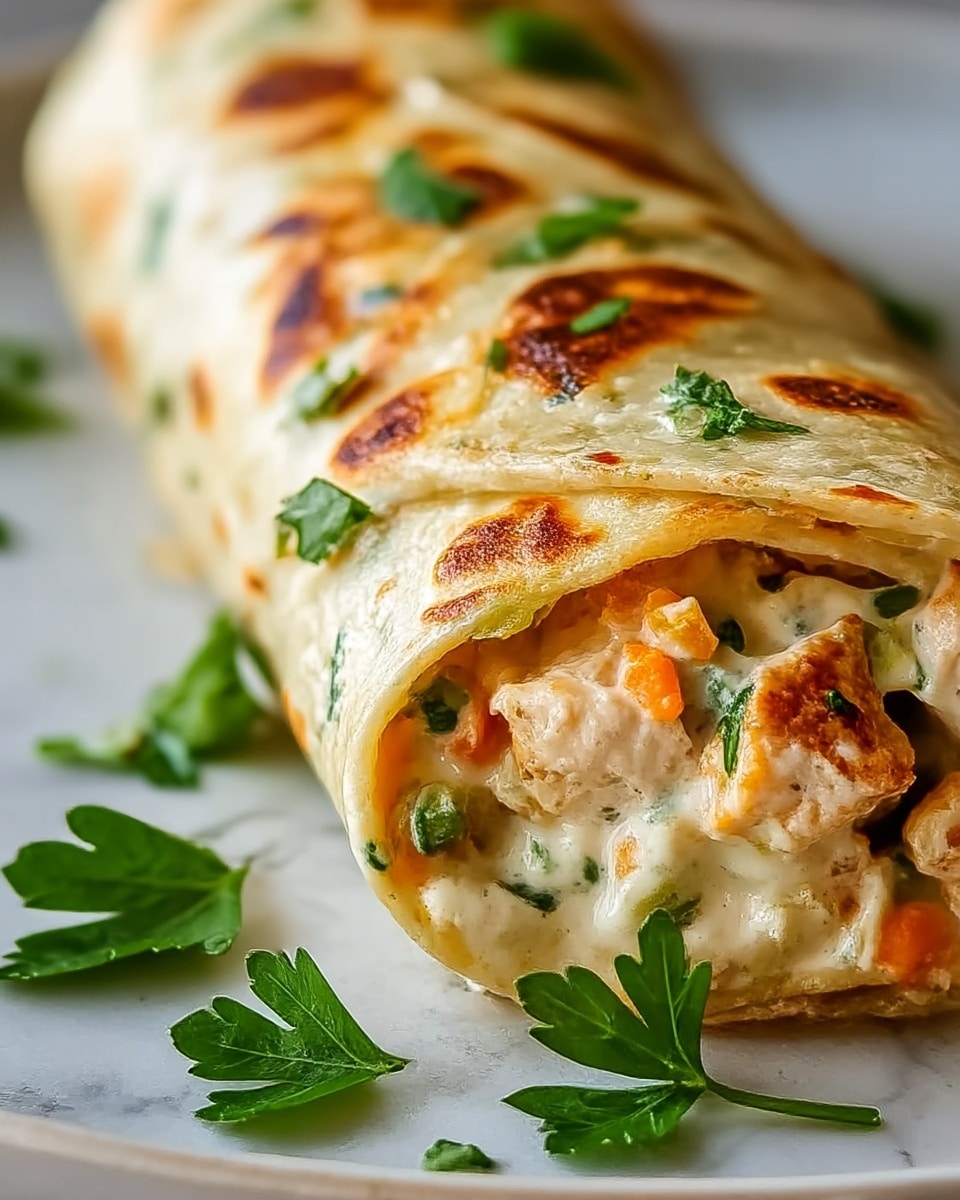 A close-up of a rolled wrap filled with creamy chicken pieces mixed with small bits of orange carrot and green herbs. The wrap is golden brown with light grilled spots and is garnished with fresh green parsley leaves on top and around. The wrap rests on a plate with a white marbled texture background. Photo taken with an iphone --ar 4:5 --v 7