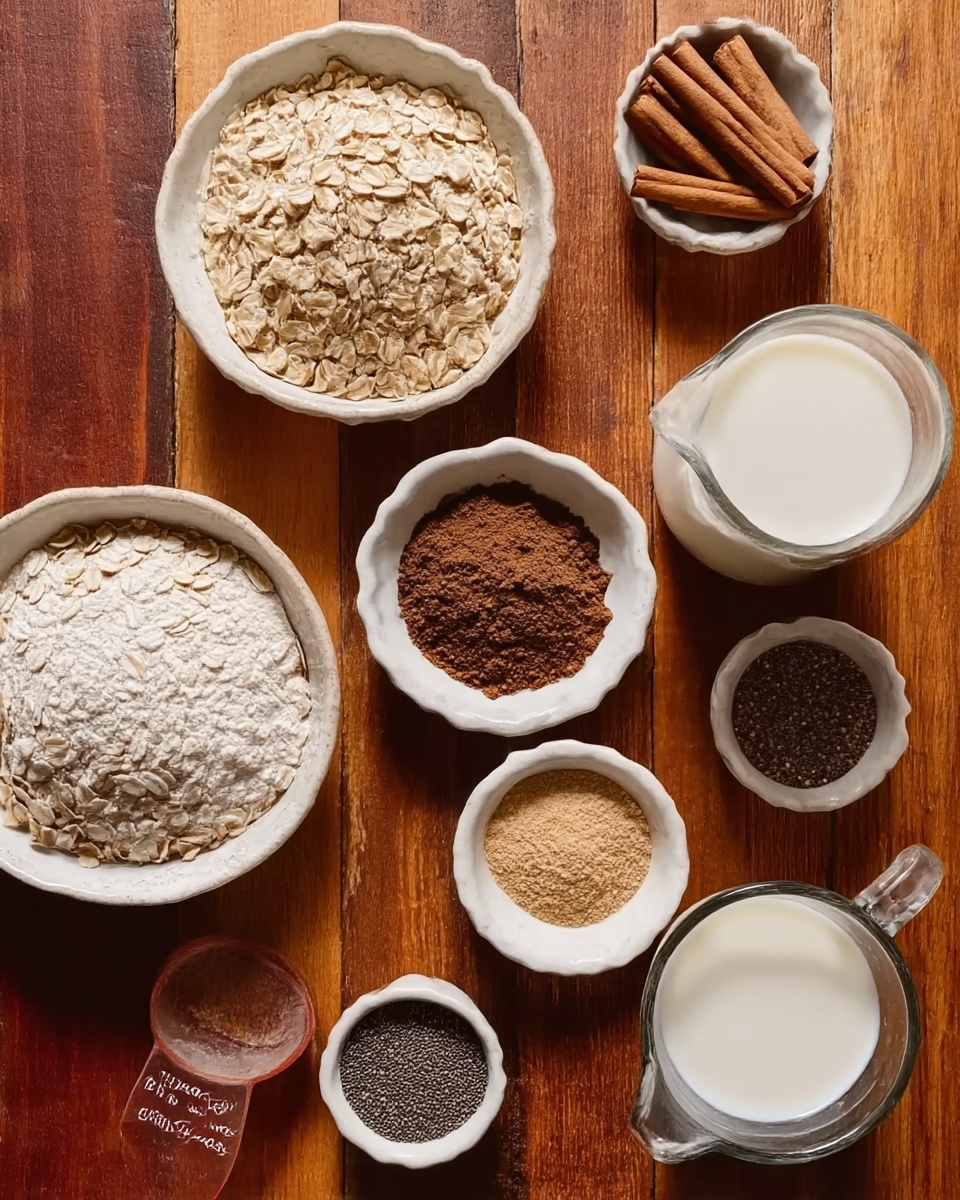 The image shows a wooden table with a variety of ingredients neatly arranged on it. There is a white bowl filled with rolled oats placed at the bottom left and a white bowl containing flour nearby at the bottom center. Several small white bowls hold different ingredients: one with dark brown powder, another with light brown powder, and a smaller one with snapped cinnamon sticks. A small bowl of chia seeds is positioned near the center. A clear glass jug filled with milk is placed on the right side. The table surface has a warm wood texture, and a woman’s hand with a measuring cup is partially visible at the bottom left corner. The photo taken with an iphone --ar 4:5 --v 7