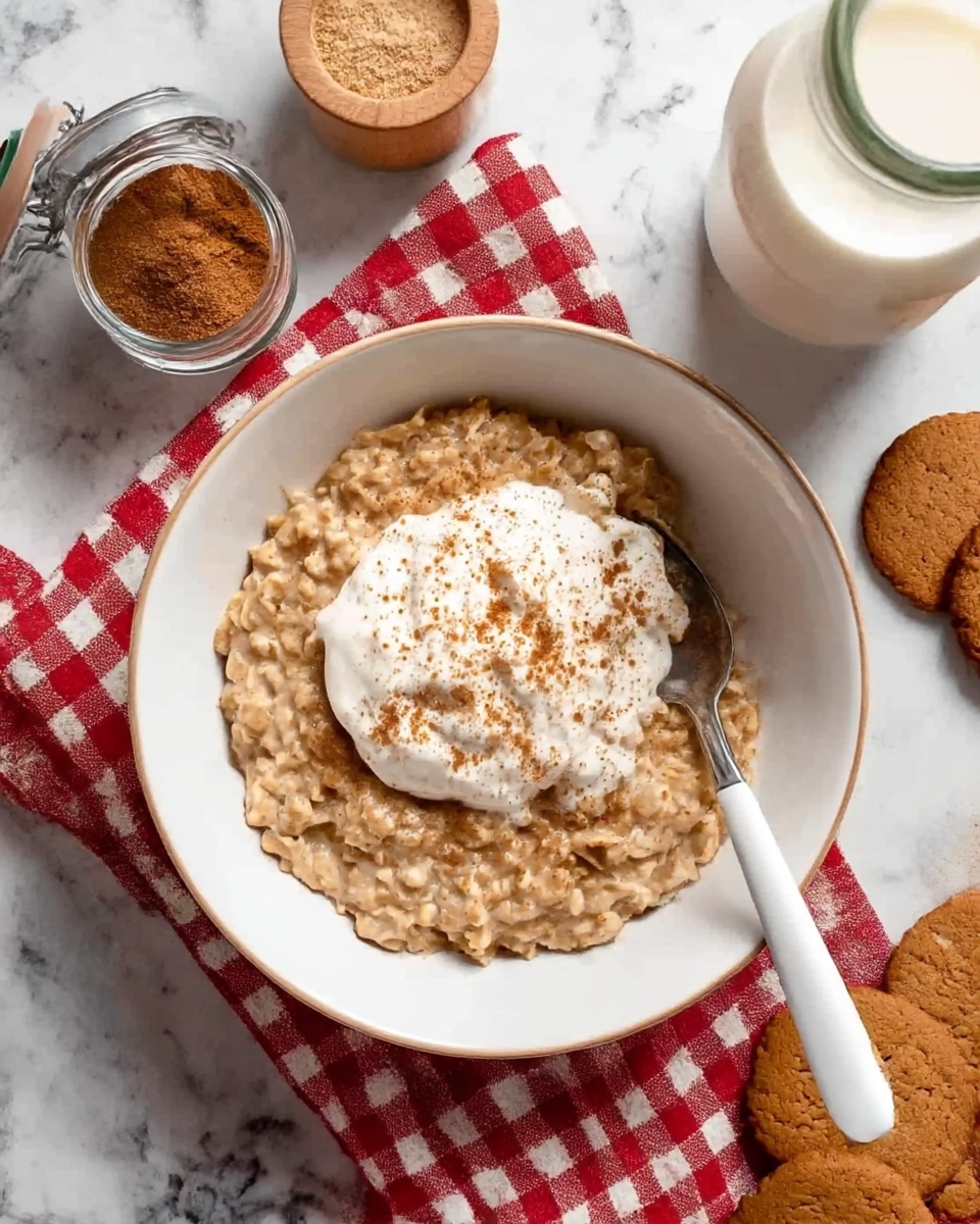 A white bowl filled with thick oatmeal topped with a large dollop of white yogurt sprinkled with a light dusting of brown cinnamon. A white spoon is resting in the oatmeal with its handle pointing out of the bowl. Around the bowl, there is a red and white checkered cloth on a white marbled surface. To the top left, there is a jar of brown spice and a small wooden container with a light brown powder. To the right, there are round brown cookies and a glass bottle with milk. photo taken with an iphone --ar 4:5 --v 7