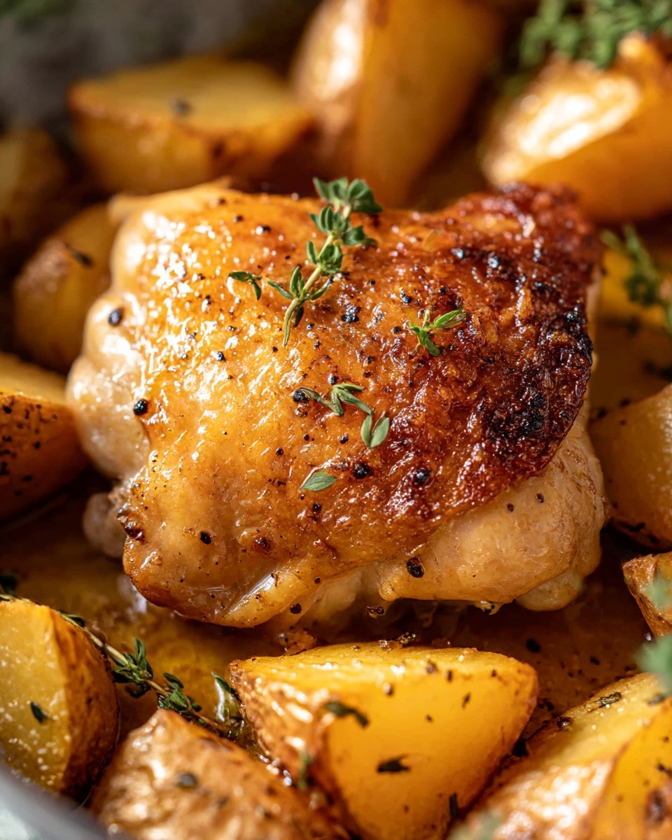 A close-up image of one golden-brown roasted chicken piece in the center, topped with small green herb sprigs, surrounded by several crispy roasted potato chunks, all inside a pan. The chicken skin looks crisp and seasoned with visible specks of black pepper and herbs, while the potatoes have a slightly shiny, baked texture with some herbs scattered on them. The background is a white marbled texture. photo taken with an iphone --ar 4:5 --v 7