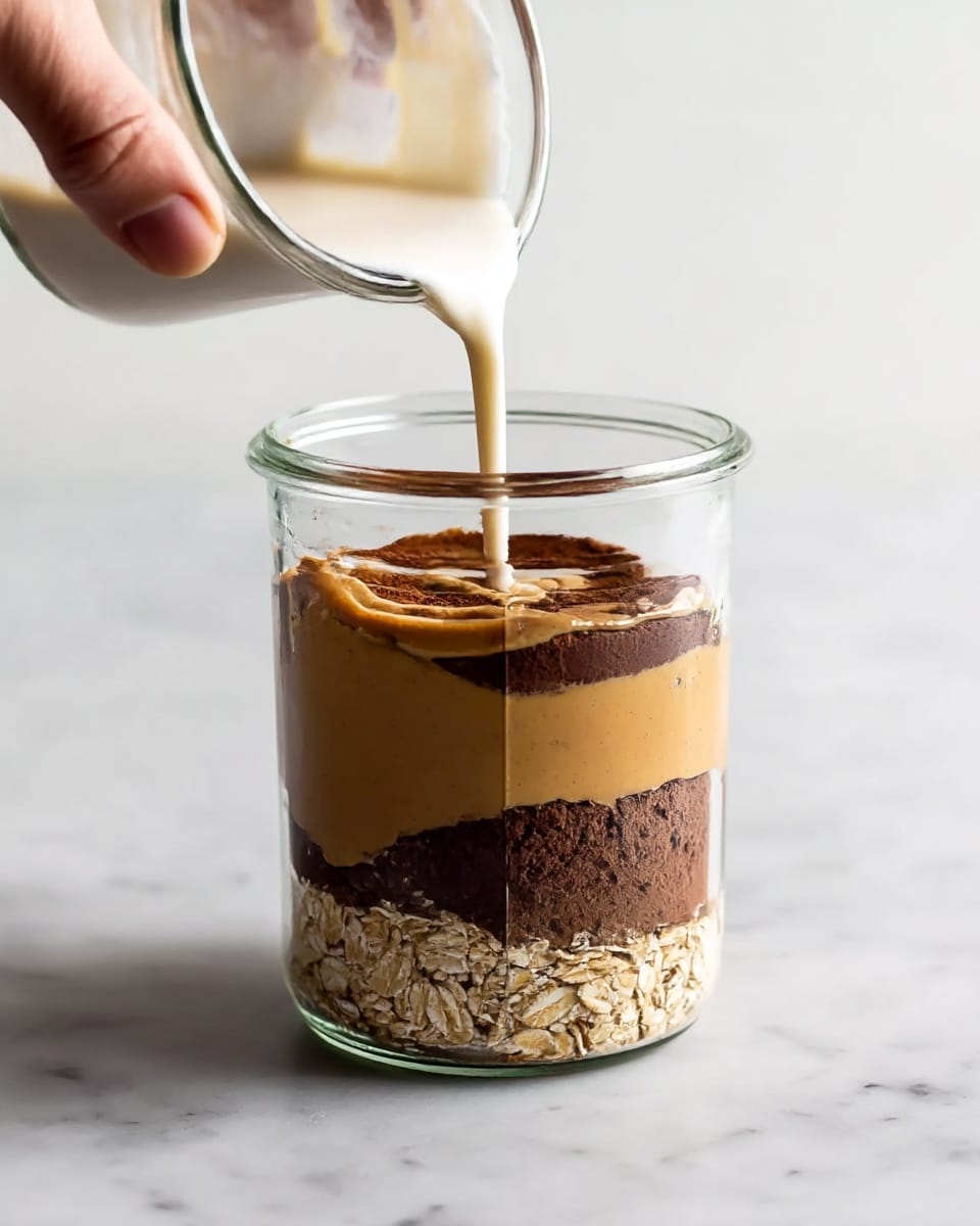 The image shows a clear glass jar with four distinct layers inside. The bottom layer is light brown oats with a rough texture, taking up about one-third of the jar. Above the oats is a dark brown layer that looks like cocoa powder, thin and smooth. The third layer is a thick, light brown peanut butter spread. On top, a woman's hand is pouring a white creamy liquid into the jar, mixing with the peanut butter and cocoa powder. The jar sits on a white marbled surface. photo taken with an iphone --ar 4:5 --v 7