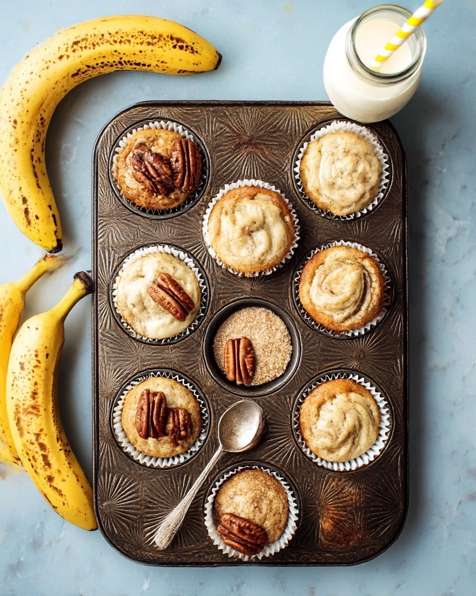 The image shows a dark vintage muffin tray with nine baked banana muffins in white paper liners, each with a slightly creamy, swirled top layer that looks soft and moist. Two muffin slots hold whole pecans with a rich brown color and rough texture, and one slot has light brown sugar with a spoon resting inside. The tray sits on a white marbled surface. To the left of the tray are two ripe yellow bananas with brown spots. At the top right of the image is a glass milk bottle with a yellow-striped straw and a single muffin beside it. The overall scene feels fresh and inviting. Photo taken with an iphone --ar 4:5 --v 7