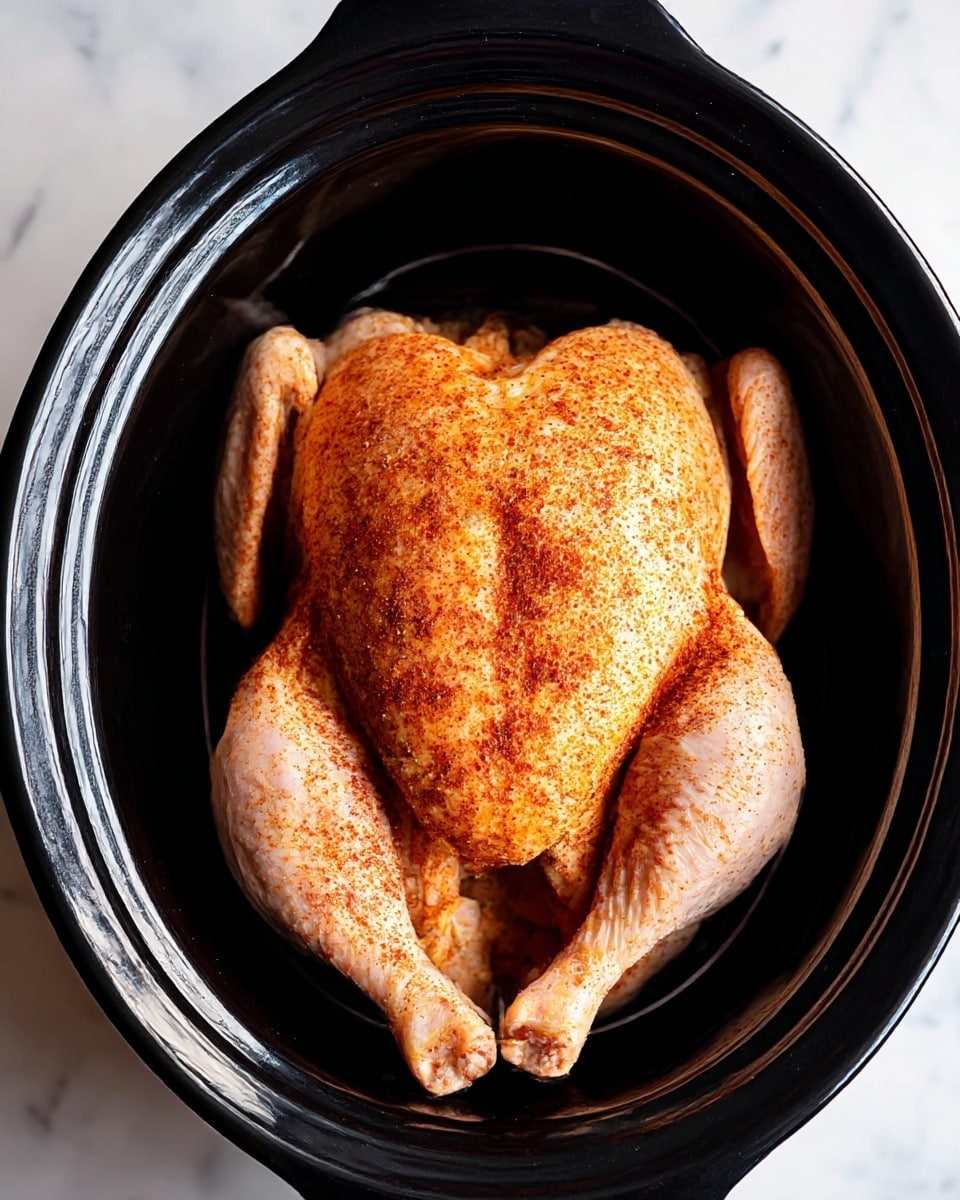 A whole raw chicken is placed in a black slow cooker with a metal rack inside. The chicken is coated evenly with a reddish-brown spice mixture, giving its skin a rough, textured look with some shiny spots from oil or moisture. The wings are tucked under the body, and the legs point slightly outward. The slow cooker sits on a white marbled surface. photo taken with an iphone --ar 4:5 --v 7