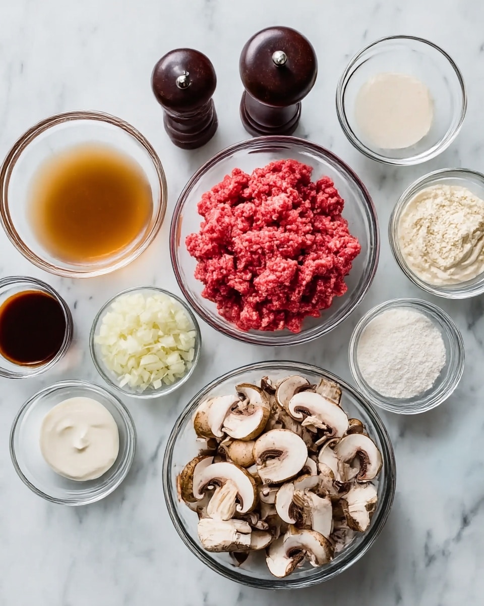 The image shows a top view of several clear glass bowls arranged on a white marbled surface. The largest bowl in the center holds bright red raw ground meat with a coarse texture. To its right, a similarly sized bowl is filled with sliced brown and white mushrooms, layered loosely. Surrounding these are smaller bowls: one with a light brown liquid broth, one with a dark brown sauce, one with finely chopped white onions, one with a white powder (likely flour), one with creamy white sour cream, and one with a white liquid, possibly cream or milk. Two dark wooden pepper grinders are placed near the mushrooms and onions, adding texture contrast to the soft ingredients. The overall color palette is natural and earthy, with a mix of reds, browns, and whites, on a clean bright surface. photo taken with an iphone --ar 4:5 --v 7