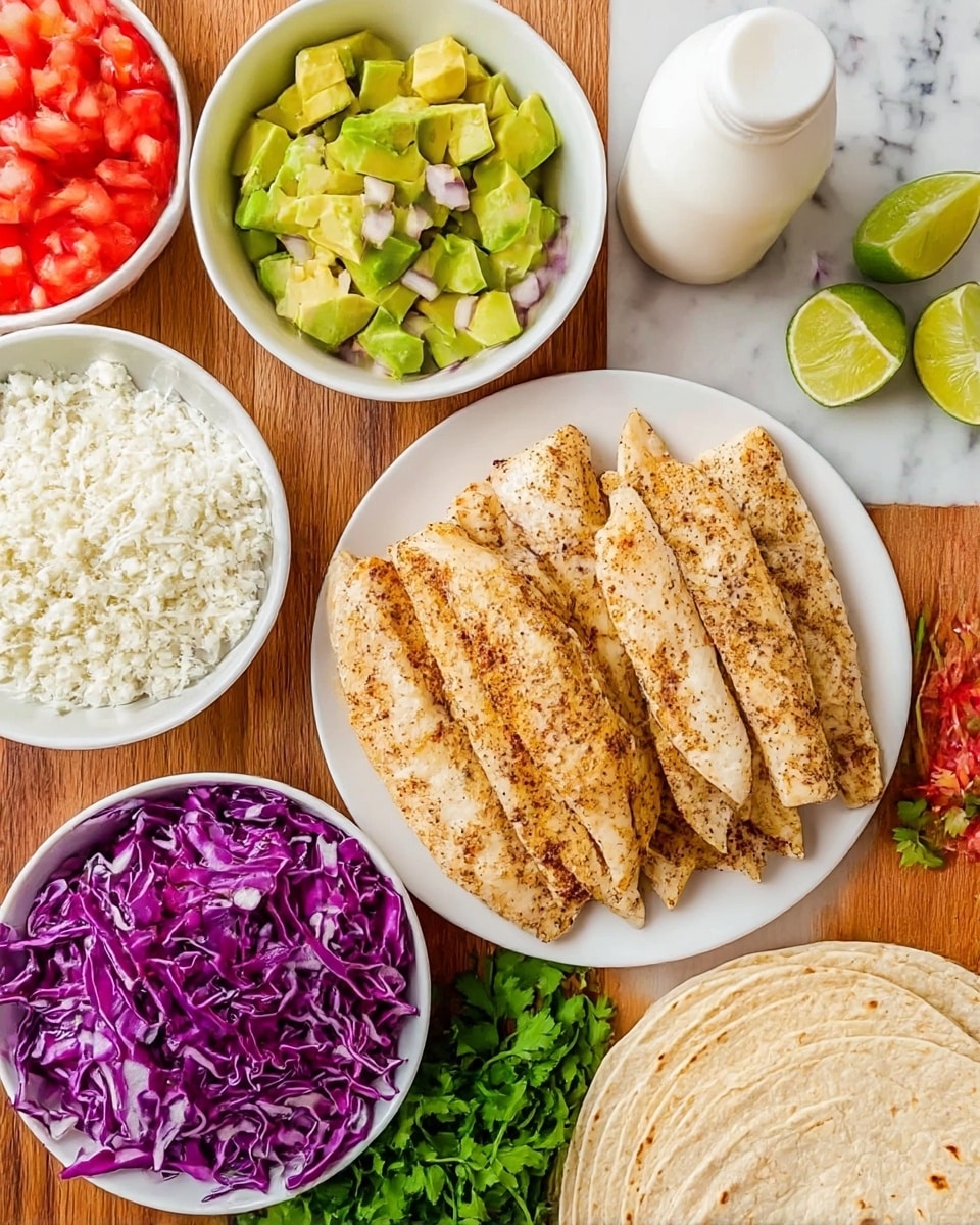 The image shows a white plate with five cooked fillets that are light brown and seasoned, placed on a wooden surface next to small white bowls containing diced yellow and green avocado, shredded purple cabbage, white crumbled cheese, chopped red onion, and chopped red tomatoes. Fresh green cilantro leaves lay between the bowls and a stack of white tortillas. A white squeeze bottle and lime wedges are also visible, all arranged on a white marbled surface photo taken with an iphone --ar 4:5 --v 7