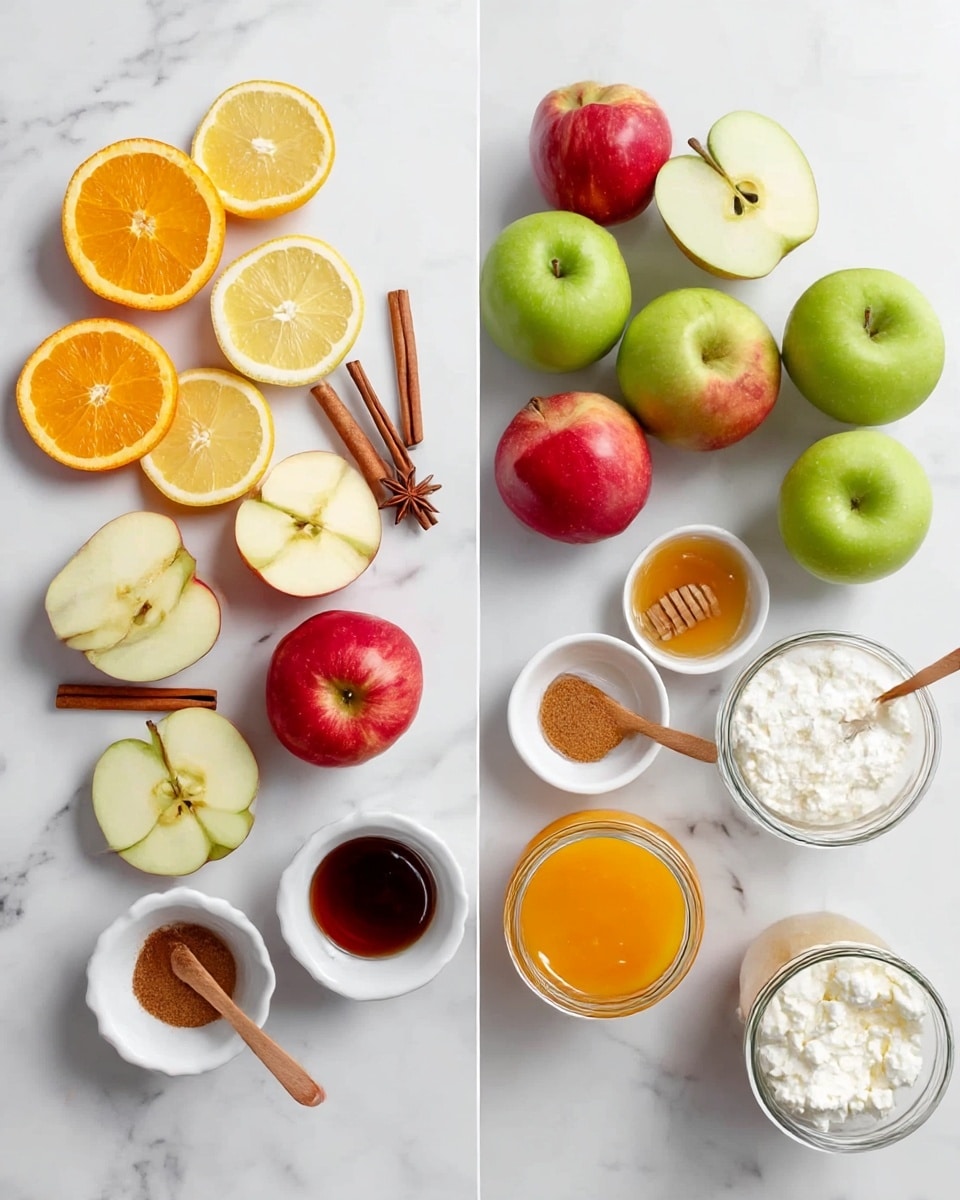 The image shows two sets of ingredients placed on a white marbled surface. On the left side, there are several fruit slices and whole fruits arranged neatly: four orange slices at the top left, followed by lemon slices below them, three red apples with two whole and two sliced, and three green apples with two whole and three sliced. There are also two cinnamon sticks and a star anise near a small white bowl of honey. On the right side, there are small white bowls and a glass jar placed scattered: a bowl of brown sugar with a small spoon, a bowl of a dark brown liquid with a wooden spoon, a bowl with a rust-red liquid, a glass jar with bright orange puree, and a white bowl of cottage cheese. The surface is bright and clean, highlighting the colors and textures of the ingredients. photo taken with an iphone --ar 4:5 --v 7