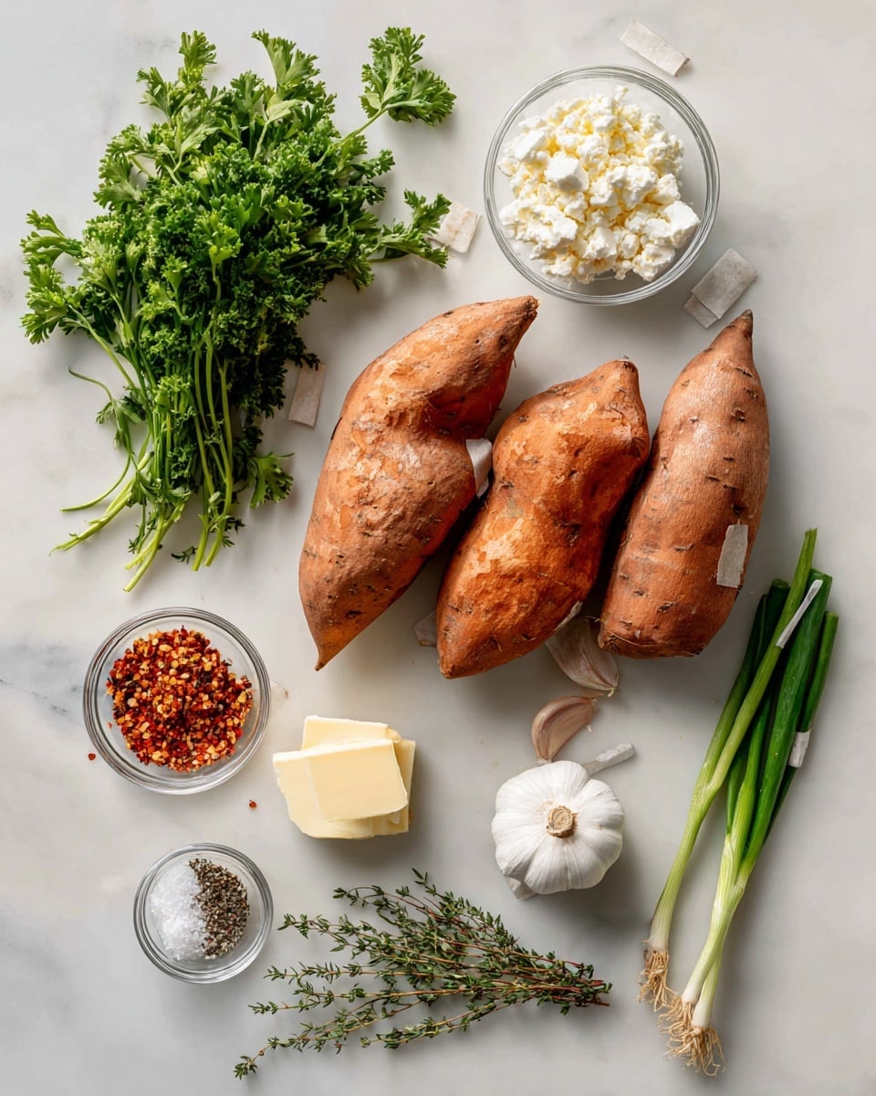 The image shows ingredients arranged on a white marbled surface, each labeled with small pieces of tape. In the center, there are four brown sweet potatoes with rough skin. To the left, a bunch of bright green parsley with leafy stems, and below it, a small clear jar filled with red pepper flakes. Below the sweet potatoes, there is a small bunch of thyme with thin green stems, and a light yellow stick of butter. To the right side, there is a small clear glass bowl with white crumbled feta cheese, a whole white garlic bulb with a rough texture, a small dish with coarse salt and ground black pepper mixed, and three fresh scallions with green stalks and white bulbs. All items are distinct and neat, contrasting with the light, textured marbled background. Photo taken with an iphone --ar 4:5 --v 7