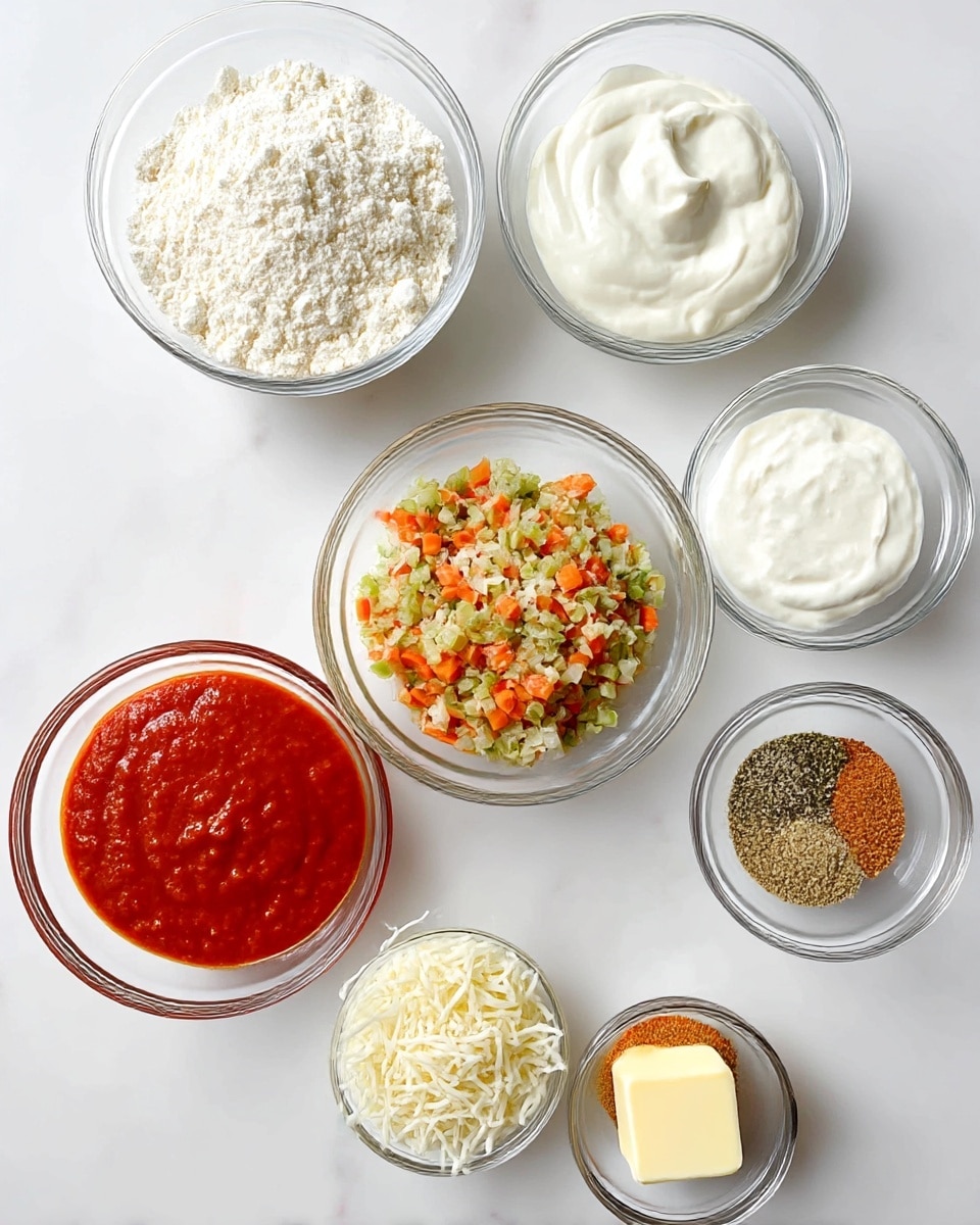 The image shows seven small glass bowls arranged on a white marbled surface, each filled with different ingredients. At the top left, a bowl holds white self-rising flour with a soft, powdery texture. Next to it on the right is a bowl containing thick, creamy white Greek yogurt. Below them, a bowl at the left center holds bright red, smooth pizza sauce. In the center right, a bowl is filled with finely chopped mixed vegetables in green, orange, and pale colors, showing a rough, textured mix. Below the pizza sauce is a bowl with white shredded cheese that looks soft and stringy. At the bottom right, a small bowl contains light brown garlic powder and oregano herbs with a fine, powdery texture. Finally, a small glass bowl at the bottom center has a neat square of pale yellow butter. Photo taken with an iphone --ar 4:5 --v 7