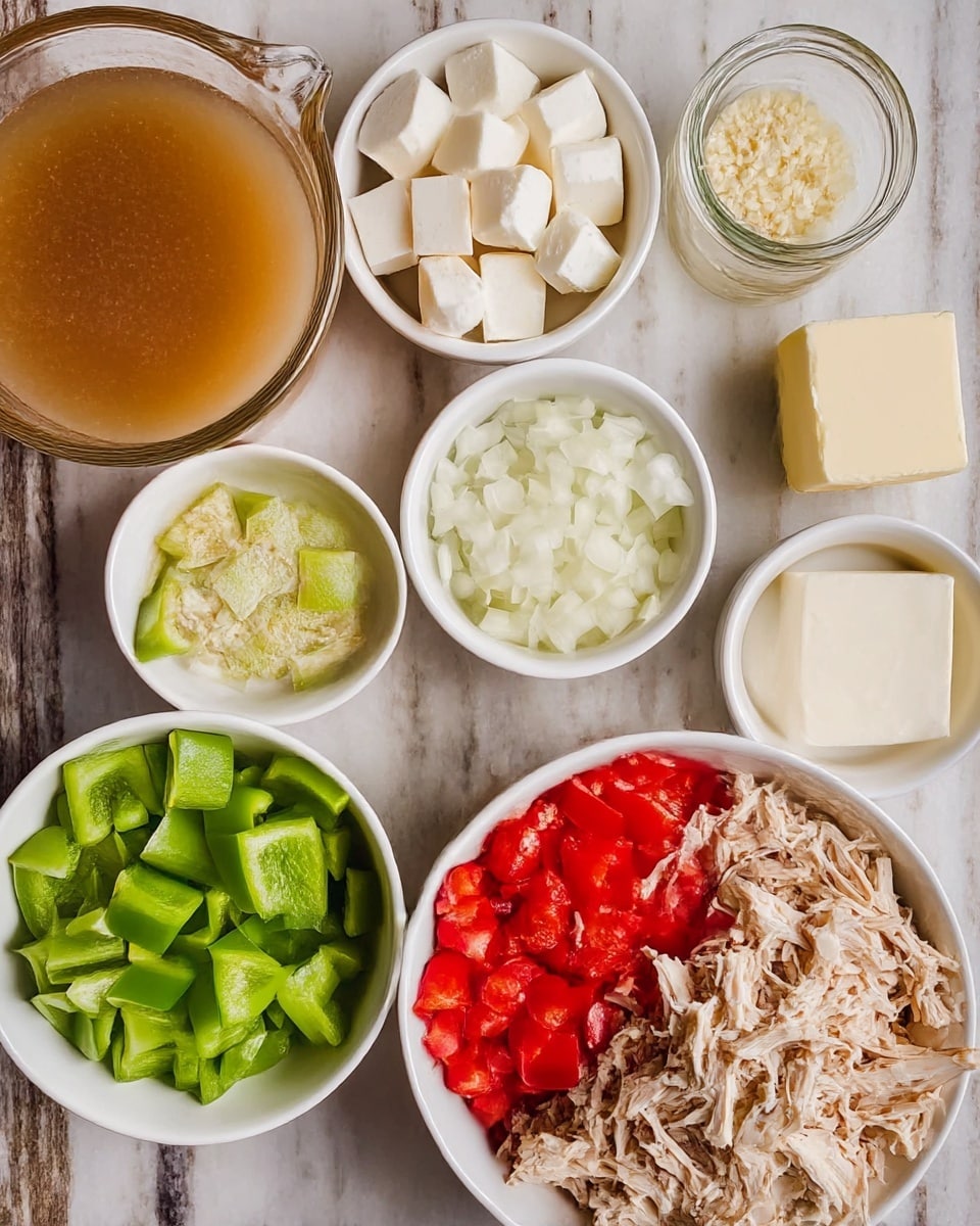 The image shows nine bowls arranged neatly on a white marbled surface. Starting from the top right, there is a white bowl full of shredded cooked chicken that is light beige in color with a soft texture. Below it, a smaller bowl contains chopped white onions, their edges sharp and fresh. Next to that, a bowl filled with vibrant red diced tomatoes, juicy and textured, stands out strongly. To the left, a bowl holds bright green diced bell peppers with a smooth surface. Above it, white cube-shaped pieces of cheese sit in a bowl, smooth and solid. Above those cubes, a tiny white bowl contains finely minced garlic with a grainy appearance. Above that, there is another small white bowl containing a single square of butter, creamy and pale yellow. Next to the butter is a tiny jar of thick white sauce or cream. On the far left sits a glass filled with light brown broth, its transparent texture visible. Photo taken with an iphone --ar 4:5 --v 7