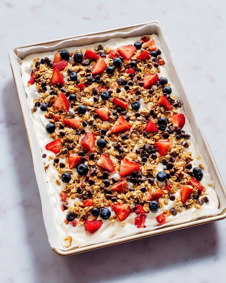 A rectangular baking tray lined with white parchment paper holds a layered dessert. The bottom layer is white and creamy, spread evenly across the tray. On top, there are several scattered small red strawberry pieces and whole blueberries adding bright spots of color. Golden-brown granola clusters are sprinkled generously on the surface, along with small dark brown chocolate chips evenly distributed. The tray rests on a white marbled surface. photo taken with an iphone --ar 4:5 --v 7
