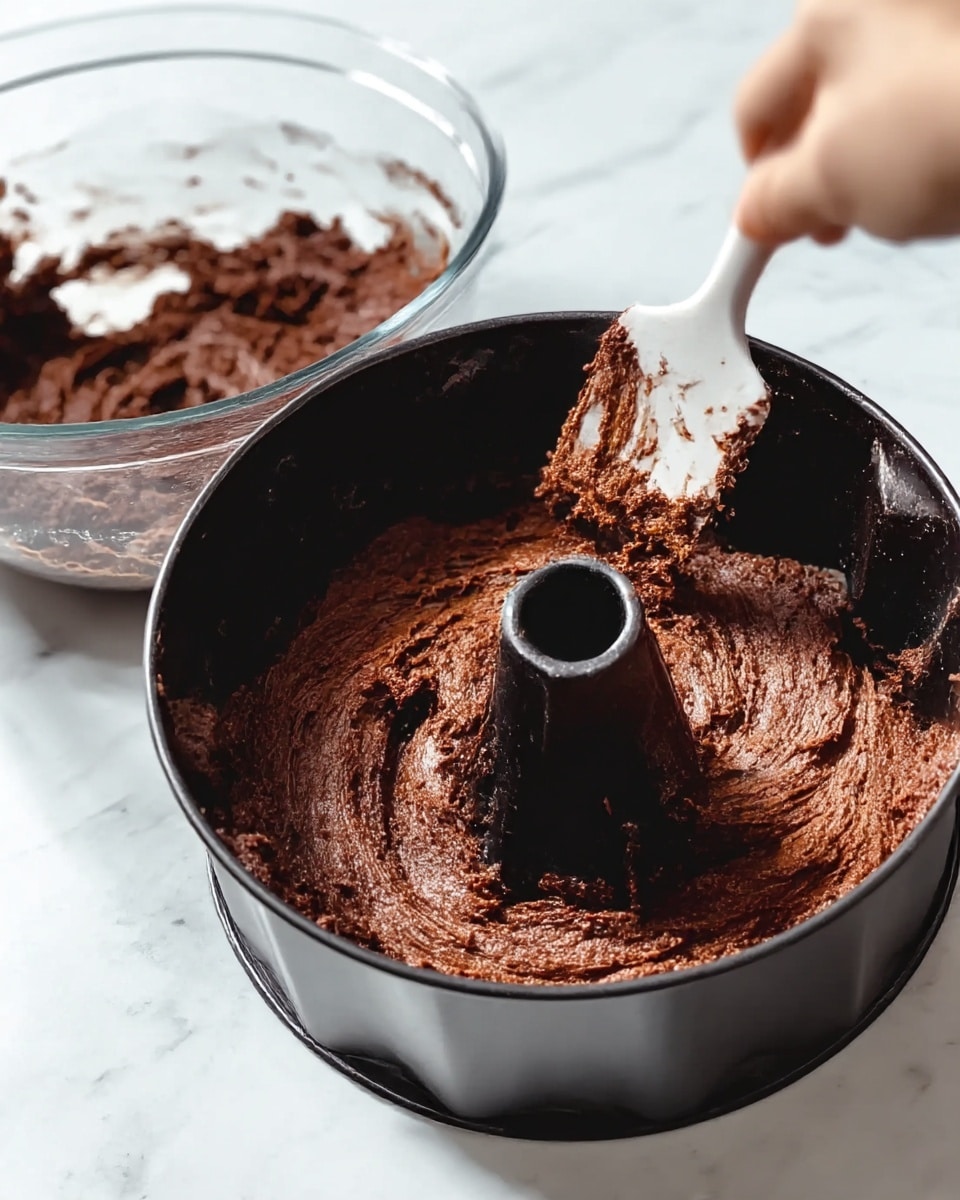 The image shows dark brown chocolate cake batter being spread inside a black bundt pan with a woman's hand holding a white spatula. The batter is thick and textured with swirls as it fills the pan evenly. To the left, there is a clear glass mixing bowl that holds more of the same thick chocolate batter. The background is a white marbled surface, clean and bright, highlighting the rich color of the cake batter. Photo taken with an iphone --ar 4:5 --v 7