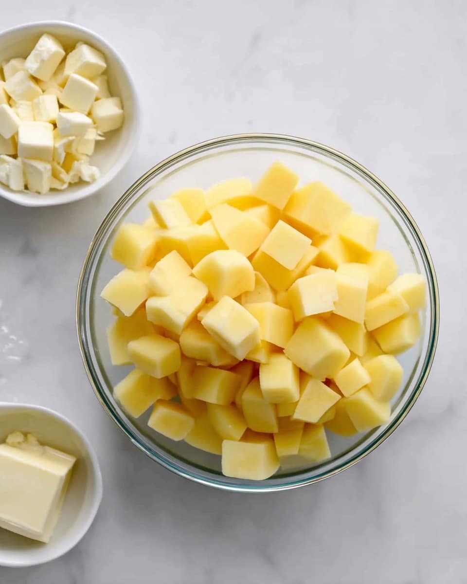 A clear glass bowl filled with several layers of yellow potato cubes showing a smooth, slightly shiny texture, placed on a white marbled surface. To the left of the bowl, there are two small white bowls, one holding pale yellow butter chunks and the other with unseen contents, all set neatly around the main bowl. The light softly highlights the edges of the potatoes, emphasizing their fresh and even cuts. photo taken with an iphone --ar 4:5 --v 7