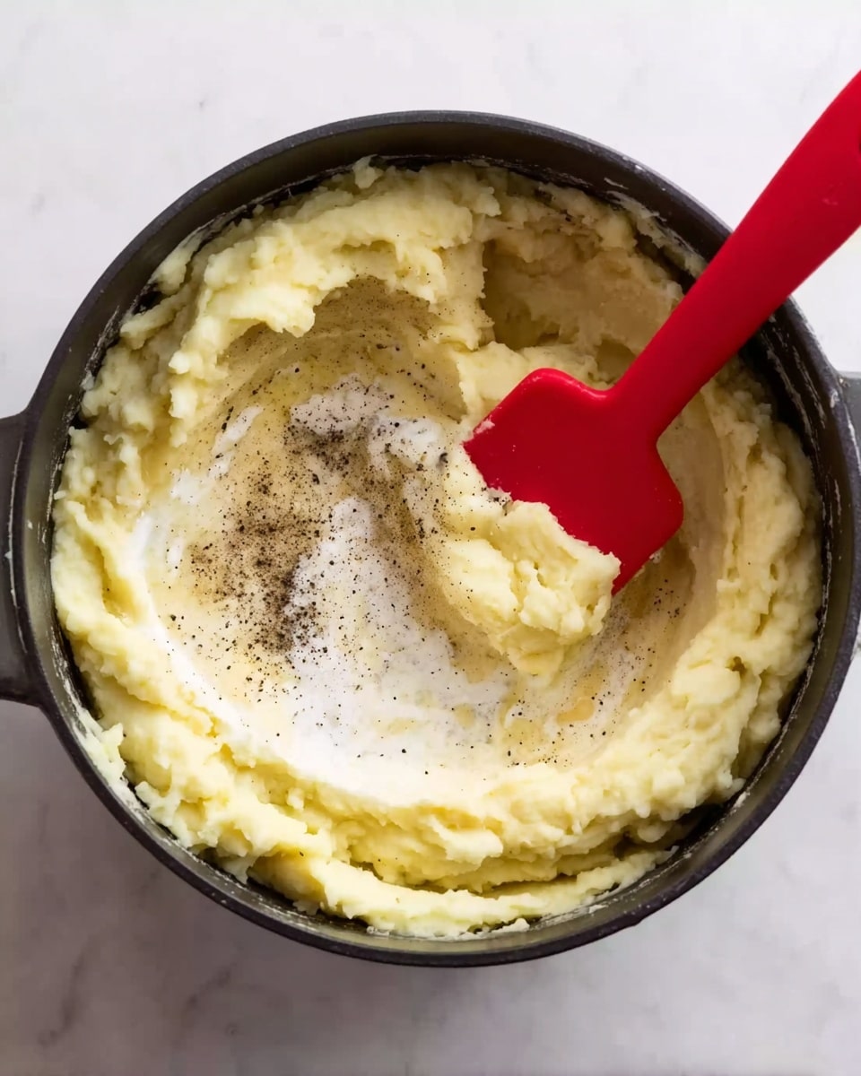 A close-up view of a black cooking pot filled with creamy mashed potatoes. The mashed potatoes are light yellow and fluffy in texture, filling the entire pot. On top, there is a layer of white cream or milk creating a smooth contrast over the potatoes, and a sprinkle of black pepper adds small dark specks in the center. A red silicone spatula is placed into the potatoes, partially covered by them, with its handle extending out of the pot, showing a shiny and smooth surface. The pot is set on a white marbled surface. photo taken with an iphone --ar 4:5 --v 7