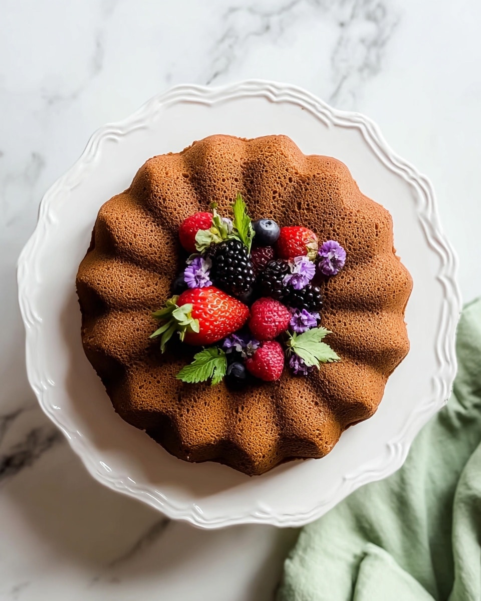 A round, brown cake with a scalloped edge sits on a white plate with a ruffled rim. The cake is uncut and has a smooth, slightly bumpy texture. In the center of the cake, there is a small pile of fresh berries including strawberries, blueberries, and blackberries, along with a few small purple flowers and green leaves. The cake and plate rest on a white marbled surface, with a soft green cloth partially visible in the bottom right corner. The lighting is bright and natural, showing the cake's details clearly. Photo taken with an iphone --ar 4:5 --v 7