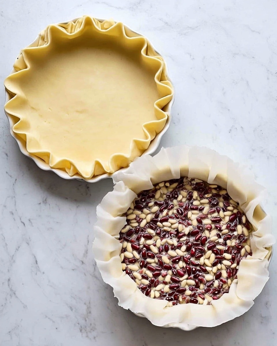 The image shows two side-by-side shots of a white pie dish on a white marbled surface. On the left, the dish holds smooth, even pie dough pressed into the shape of the dish, with the edges crimped into soft waves along the rim. On the right, the same pie dough is partially covered with white parchment paper, filled with a layer of dark red and beige speckled beans that are spread evenly across the surface inside the dish. The parchment paper extends above the dough edges creating a soft, uneven border around the beans. Photo taken with an iphone --ar 4:5 --v 7