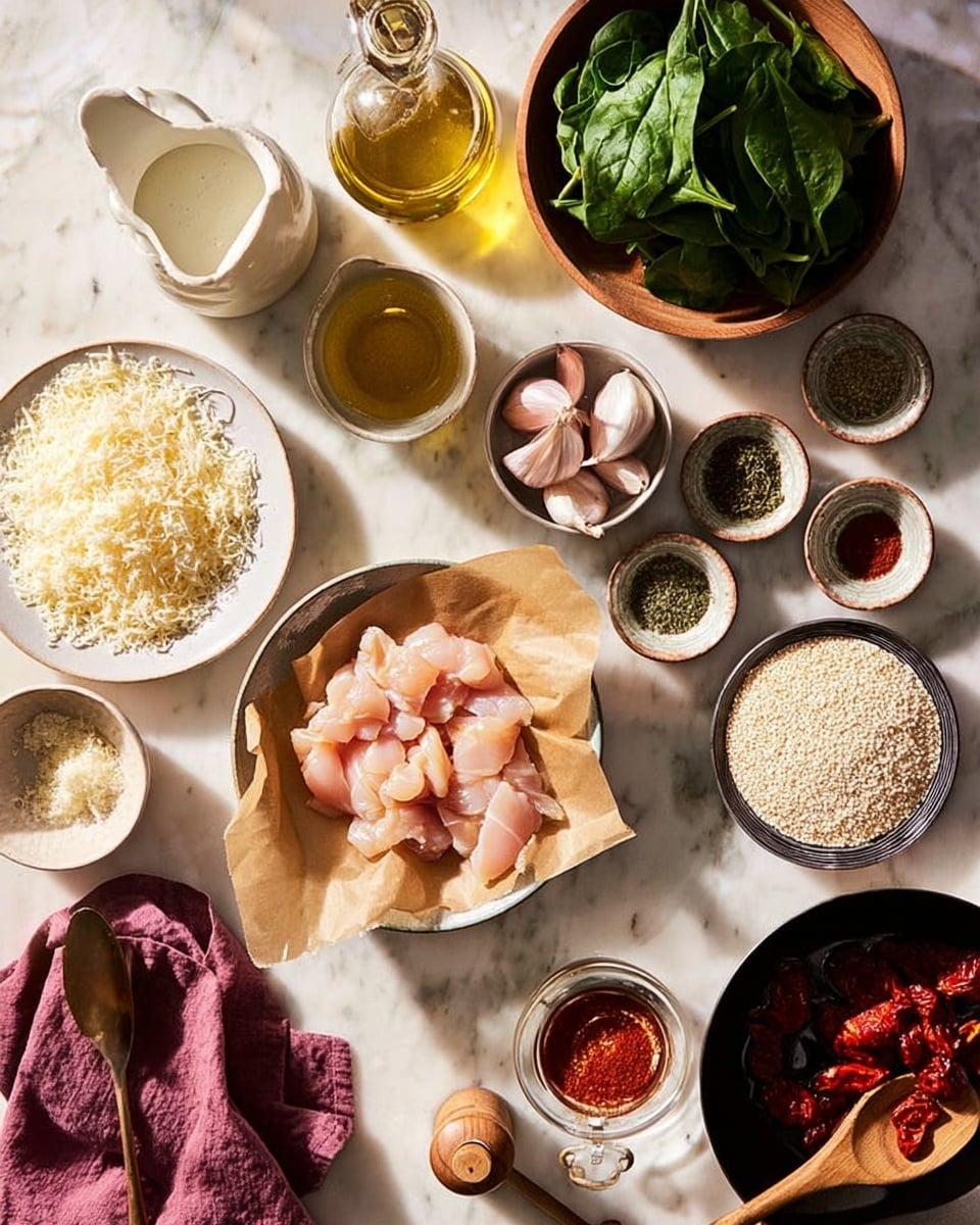 The image shows a white marbled surface with various ingredients arranged neatly. There is a bowl with raw chicken pieces placed on brown parchment paper in the center. Surrounding it are fresh spinach leaves in a wooden bowl to the top right, a small white bowl with shallots and garlic cloves, a small dark bowl filled with uncooked rice grains set on a ceramic plate, and a glass container with golden liquid. On the left side, a white plate holds a heap of grated cheese with a spoon resting on top. Above that, there is a glass jug of cream, a bottle of olive oil with a stopper, and a wooden pepper grinder. Several small bowls hold dried herbs, salt with a spoon, black pepper, and bright red paprika powder. A clear glass bowl in the middle contains sun-dried tomatoes with a wooden fork resting on it. A white pan with a wooden spatula draped by a purple cloth is visible at the bottom left. The whole setting is lit with natural light. photo taken with an iphone --ar 4:5 --v 7