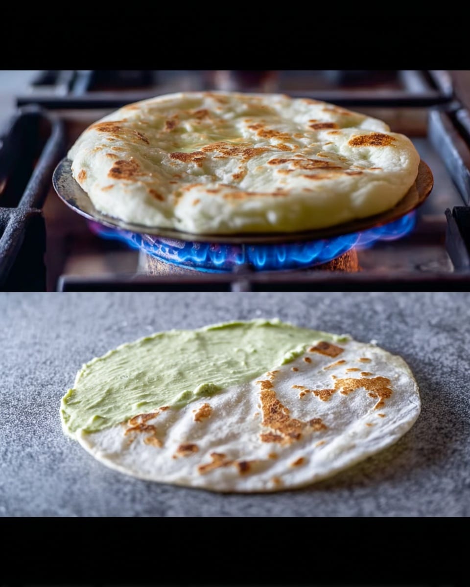 The first image shows a flat round bread dough puffing up on a metal ring over a blue gas flame stove, with the dough turning light golden in some spots and looking soft and fluffy. The second image shows the same flat round bread laid flat on a gray surface with two layers of spread on it: a thick light green spread on the left side and a thin white spread on the right side. The bread has light brown toasted spots all over it. Both images have a close-up focus. photo taken with an iphone --ar 4:5 --v 7