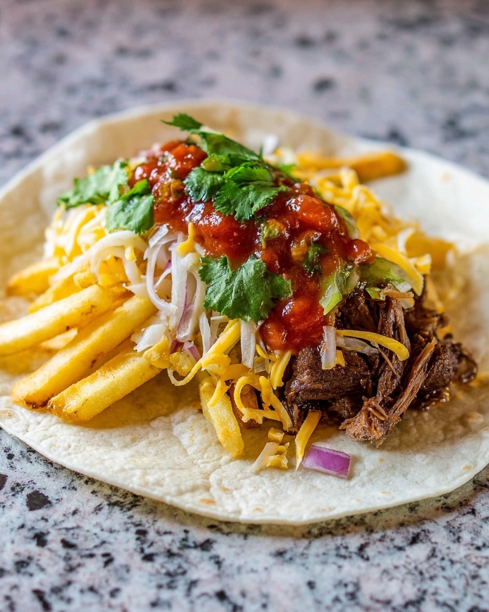 A soft white tortilla is open with layers of food on top. The bottom layer has golden french fries, followed by small dark brown pieces of meat. On top of the meat are thin yellow and white shredded cheese strands. Above the cheese is red salsa with small diced pieces of red onion. Fresh green cilantro leaves rest on top of everything. The tortilla sits on a white marbled surface. photo taken with an iphone --ar 4:5 --v 7