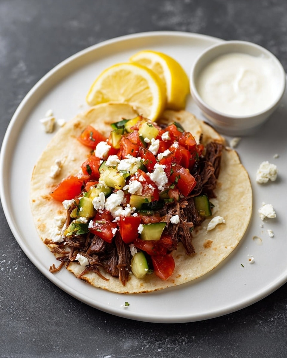 This image shows one soft tortilla on a white plate, laid flat and slightly folded at the edges. On the tortilla's center is a layer of dark brown shredded meat with a moist texture. On top of the meat is a mix of chopped vegetables in red and green, including tomato and zucchini, with a juicy and fresh look. Scattered over the vegetables and meat are small white cheese crumbles. Next to the tortilla on the plate are two lemon wedges and some extra cheese crumbles. A small white bowl filled with a white creamy sauce is placed on the upper right side of the plate. The plate sits on a white marbled surface. photo taken with an iphone --ar 4:5 --v 7