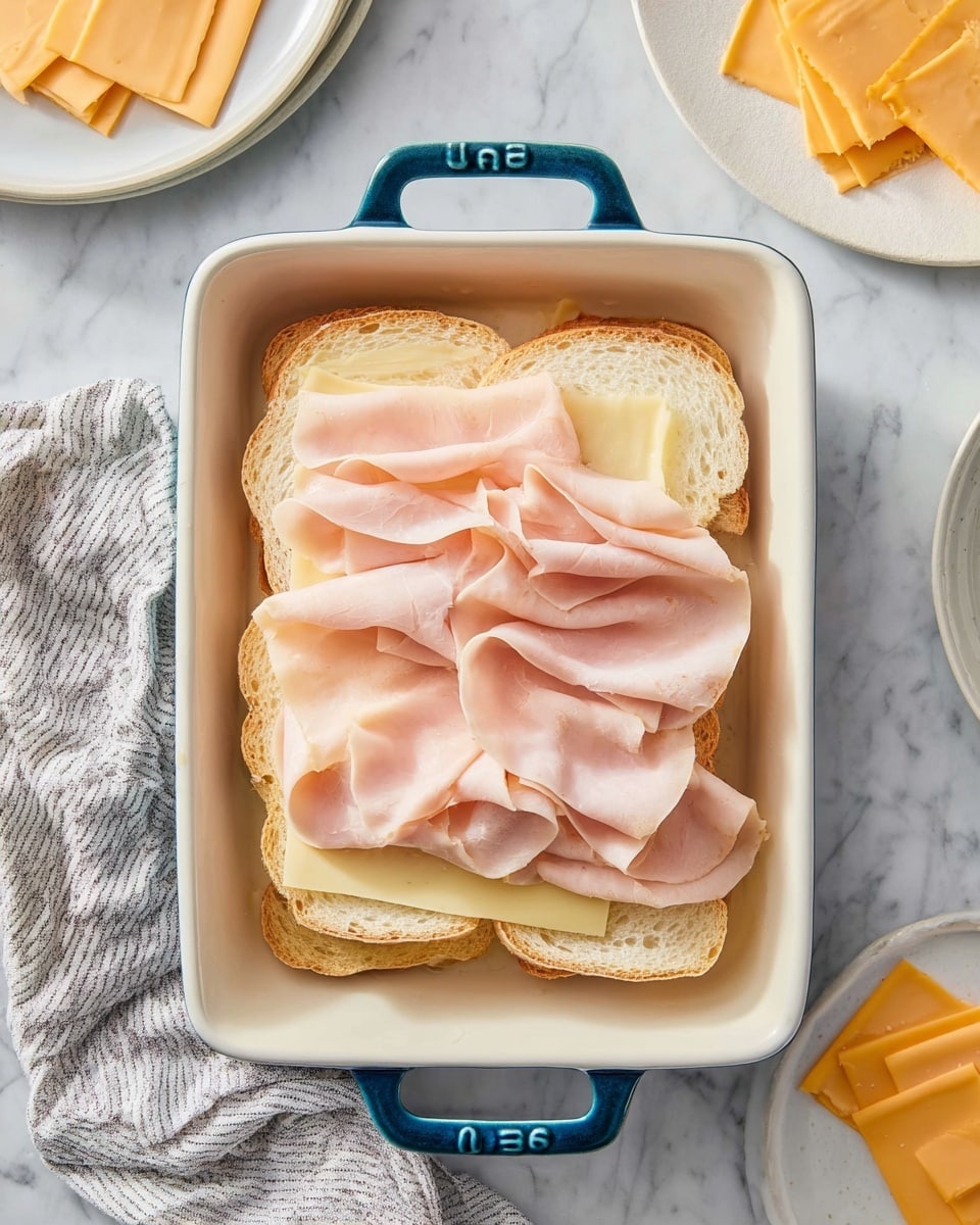 A white ceramic tray with blue handles holds a simple layered dish visible from top view. The bottom layer is a stack of light golden toasted bread slices, evenly arranged alone the tray's base. On top of the bread is a layer of pale yellow cheese slices, fully covering the bread. The final top layer consists of thin, folded pale pink turkey slices loosely placed, showing soft texture and slight shine. The dish sits on a white marbled surface with a folded striped cloth near the tray's corner and parts of white plates with yellow cheese and turkey slices visible around the tray. Photo taken with an iphone --ar 4:5 --v 7