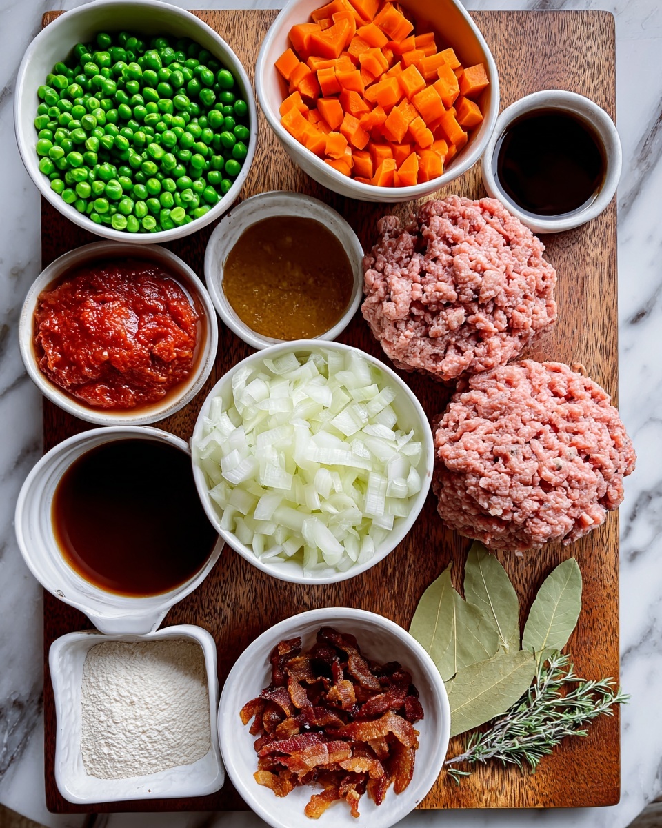 A top view of several small white bowls arranged on a wooden tray, each filled with different ingredients: a bowl with bright green frozen peas, another with golden-orange diced carrots, a bowl with chopped white onions, one with two large pieces of ground meat with a pink texture, a small bowl of minced garlic, another with bright red tomato paste, a dish with flour dusted white, a bowl with a dark brown liquid, another small bowl filled with dark soy sauce, a bowl with crispy browned bacon pieces, and a white dish holding dried green herbs and two bay leaves, all placed on a white marbled background. Photo taken with an iphone --ar 4:5 --v 7