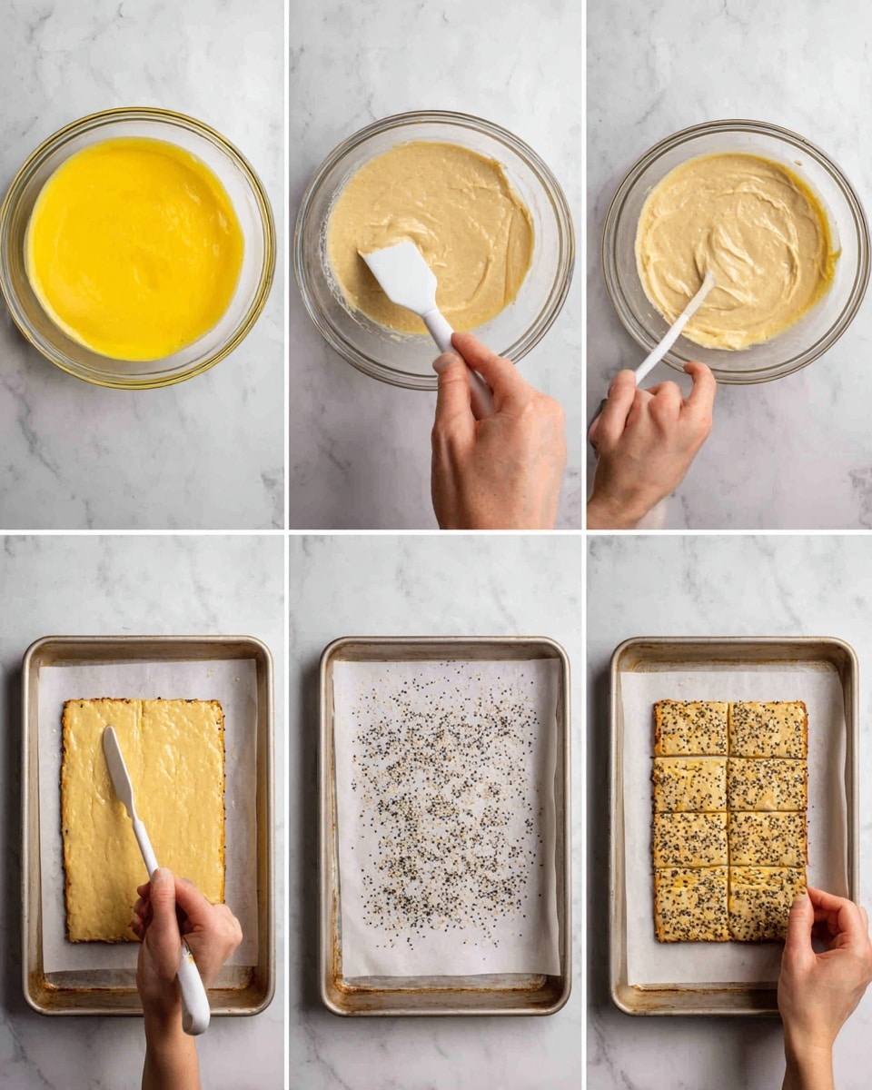 The image shows a step-by-step visual of making flatbread arranged in six sections. The first section has a clear glass bowl with a yellow liquid base and white foam on top, stirred with a pink spatula. The second section shows the mixture thickened to a creamy white paste in the same glass bowl with the spatula resting inside. The third section displays a white baking tray with a thick, even layer of white dough spread across it, and a knife placed on the tray’s right edge. The fourth section is similar but shows half of the dough sprinkled with black and white seeds, leaving the other half plain. The fifth section features the dough divided into rectangular portions deeply scored, while seeds remain on one side. The sixth section presents the same scored dough baked to a light golden brown with the seeds still visible on one side. All visuals rest on a white marbled surface photo taken with an iphone --ar 4:5 --v 7