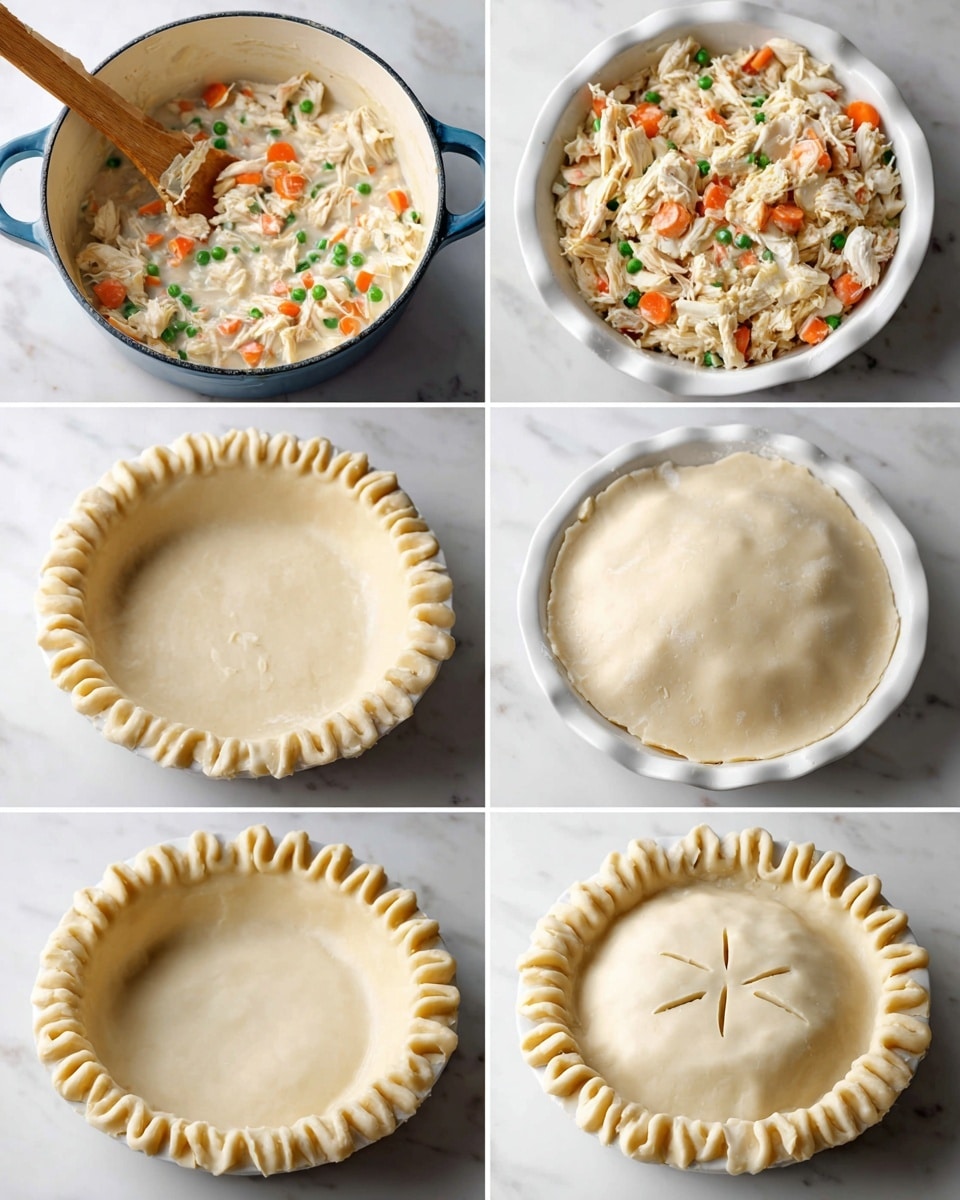 The image shows six steps of making a pie. The first step is a blue pot filled with a creamy mixture of shredded chicken, bright orange carrot slices, and green peas, with a wooden spoon stirring it. The second step is a white pie dish lined with raw, light beige dough pressed into the edges, ready for filling. The third step shows the white pie dish filled with the same chicken and vegetable mixture, with some of the dough edges folded over slightly. The fourth step displays the pie dish with a raw dough circle placed on top of the filling, covering it completely. In the fifth step, the edges of the dough are pressed together and sealed around the pie to form a neat border. The last step shows the sealed pie with a decorative crimped edge and five small slits cut in the center of the top dough layer for ventilation. All images appear on a white marbled surface. photo taken with an iphone --ar 4:5 --v 7
