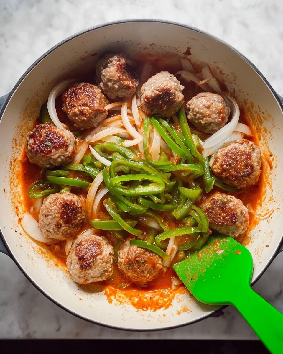 Inside a white pot, there are eight browned meatballs placed mostly around the edge, with light brown and slightly pink tones. Underneath and around them, thin slices of white onion create a soft, curved layer. On top of the onions and meatballs, bright green strips of bell pepper add a fresh and smooth texture. In the center, a vibrant red-orange sauce mixed with the cooked onions forms a rich and glossy layer. A green silicone spatula is resting inside the pot, partially covered with sauce. The pot sits on a white marbled surface. photo taken with an iphone --ar 4:5 --v 7