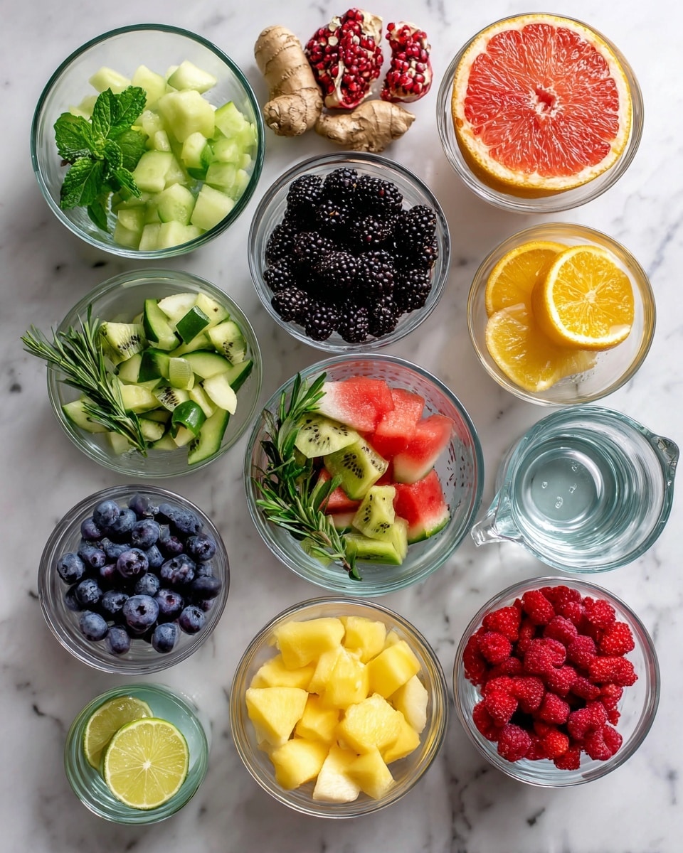 The image shows nine clear glass bowls and one clear glass measuring cup filled with water, all arranged on a white marbled surface. Each bowl contains different colorful fruits and herbs: one bowl has green honeydew chunks, cucumber slices, and a mint sprig; another holds blackberries, an orange, and ginger root; a bowl with pomegranate seeds, a grapefruit half, and mint leaves; one filled with deep-blue blueberries, a lemon, and a rosemary sprig; a bowl with watermelon cubes, kiwi slices, and a whole lime; another with yellow pineapple chunks, coconut pieces, and a lime; a bowl combining strawberries, lemon wedges, and fresh basil leaves; a mix of diced mango, fresh raspberries, and ginger; and finally, the measuring cup holds clear water. Each ingredient is vibrant and fresh, with a variety of textures from smooth fruit surfaces to leafy herbs. photo taken with an iphone --ar 4:5 --v 7