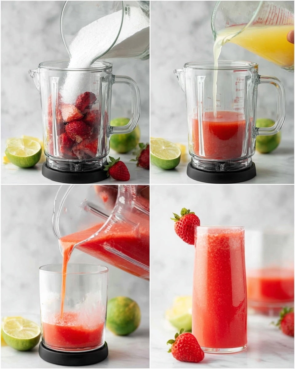 The image shows a step-by-step process of making a fresh strawberry drink on a white marbled surface. First, white sugar is poured into a clear glass pitcher, followed by whole strawberries placed inside a clear blender jar on a black base. The strawberries are shown blended into a smooth red liquid inside the jar. Then, the red strawberry juice is poured from a clear measuring cup back into the clear glass pitcher. Next, a light yellow liquid, likely lime juice, is poured from a clear glass into the pitcher, mixing with the strawberry juice. In the final layer, a clear glass is filled with the bright pink strawberry drink, garnished with a whole strawberry on the rim and lime halves placed beside it, all set on the white marbled surface. Photo taken with an iphone --ar 4:5 --v 7