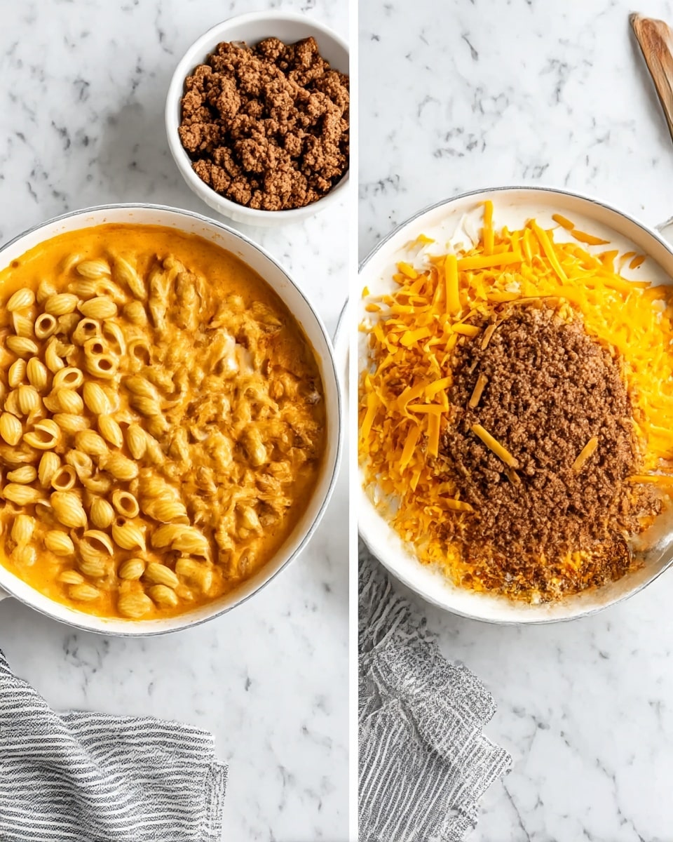 The image shows two white pans on a white marbled surface, each with a creamy pasta dish inside. The pan on the left has three visible layers: the bottom layer is orange creamy sauce with pasta shells, the middle layer is white cream poured over the pasta, and the top layer is a pile of shredded bright yellow cheddar cheese in the center. The pan on the right shows the same type of creamy pasta with sauce, with a thick layer of cooked ground beef piled on the top center. Both pans are placed next to a small white bowl filled with cooked ground beef, a gray and white striped cloth, and wooden or metal utensils. Photo taken with an iphone --ar 4:5 --v 7