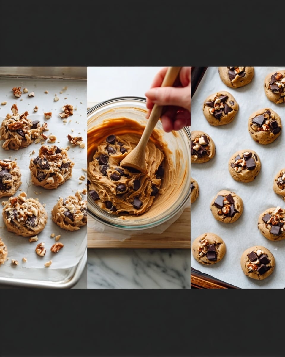A glass bowl filled with light brown cookie dough mixed with both halved round nuts and dark brown and chunky chocolate pieces is being stirred by a wooden spoon held by a woman's hand, the dough showing a thick texture with chunks folded inside. On a white marble surface, a white baking sheet lined with parchment paper holds about fifteen small, uneven lumps of cookie dough spaced apart, ready to be baked, while some scattered nuts are lying around on the surface. On a white marble surface, a white baking tray has a single layer of light golden baked cookies with slightly cracked tops, each cookie topped with melted caramel, nuts, and chocolate bits, giving a mix of shiny and matte textures across the batch photo taken with an iphone --ar 4:5 --v 7