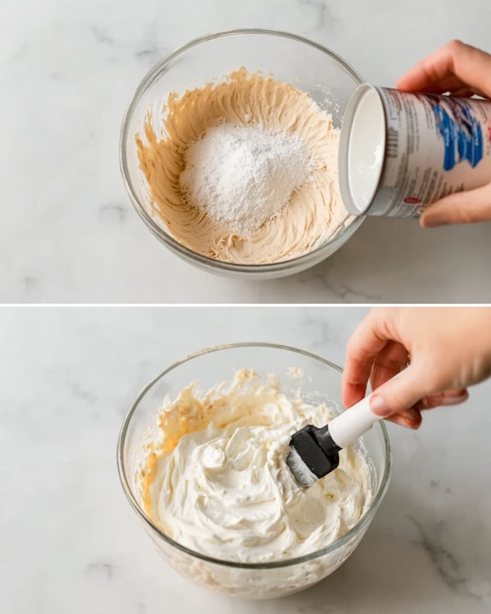 Two photos show the process of mixing ingredients in a clear glass bowl on a white marbled surface. In the first photo, a woman's hand is holding a small white ramekin, pouring a powdery white ingredient into a light brown creamy mixture in the bowl. In the second photo, a woman's hand is holding a white can with a black spatula scooping thick, fluffy white cream from the can and adding it to the light brown creamy mixture below. The bowl is about halfway full with the light brown mixture in the first photo and has the thick white cream partially added on top in the second photo. Photo taken with an iphone --ar 4:5 --v 7
