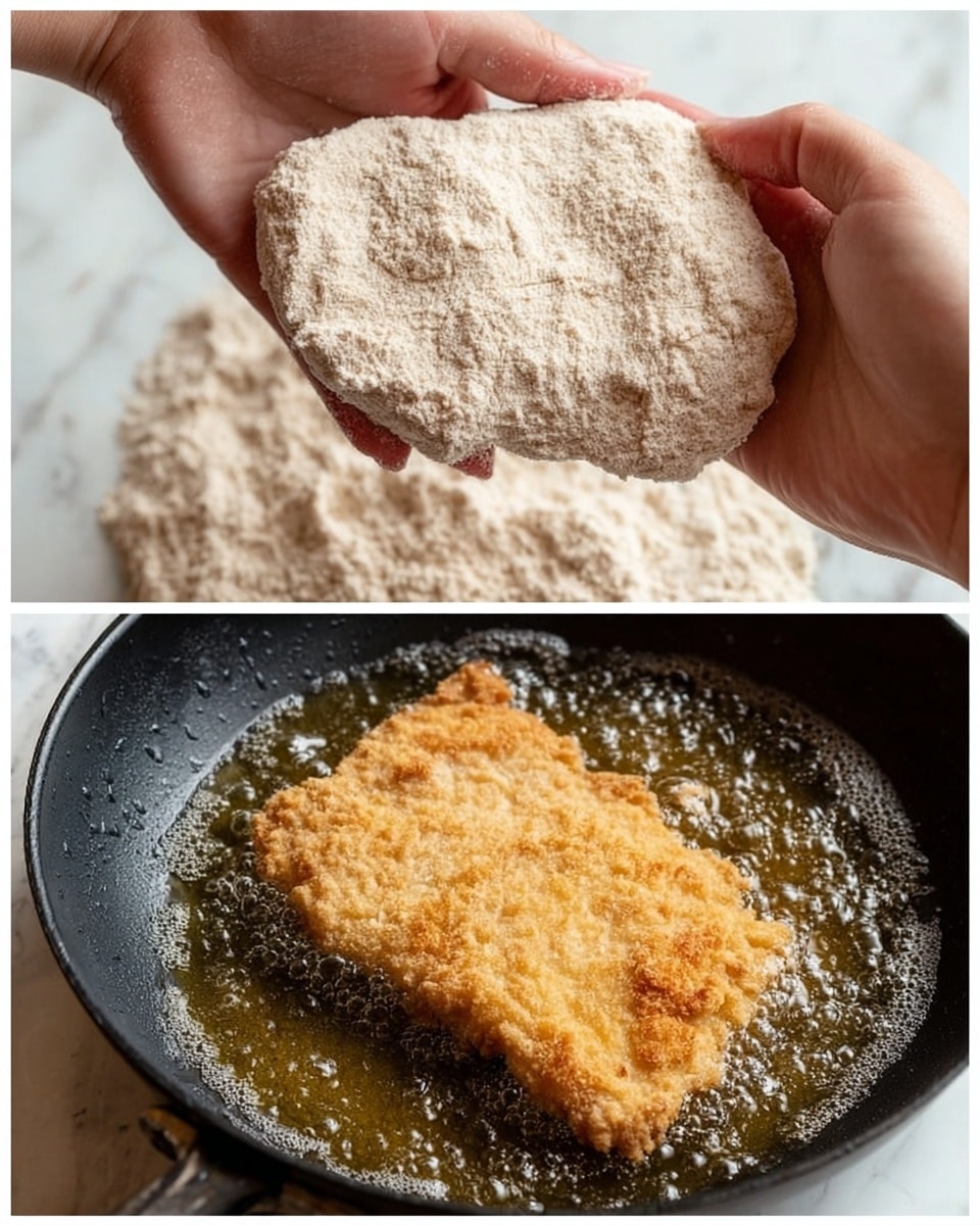 The first image shows a pair of woman’s hands holding a piece of raw food, fully covered with a thick, light flour coating which looks dry and powdery. The second image shows the same piece frying in a black pan, golden brown and crispy, surrounded by hot bubbling oil. The edges are uneven and crunchy, with a slightly rough texture, and some spots are darker from frying. The background has a white marbled texture. photo taken with an iphone --ar 4:5 --v 7