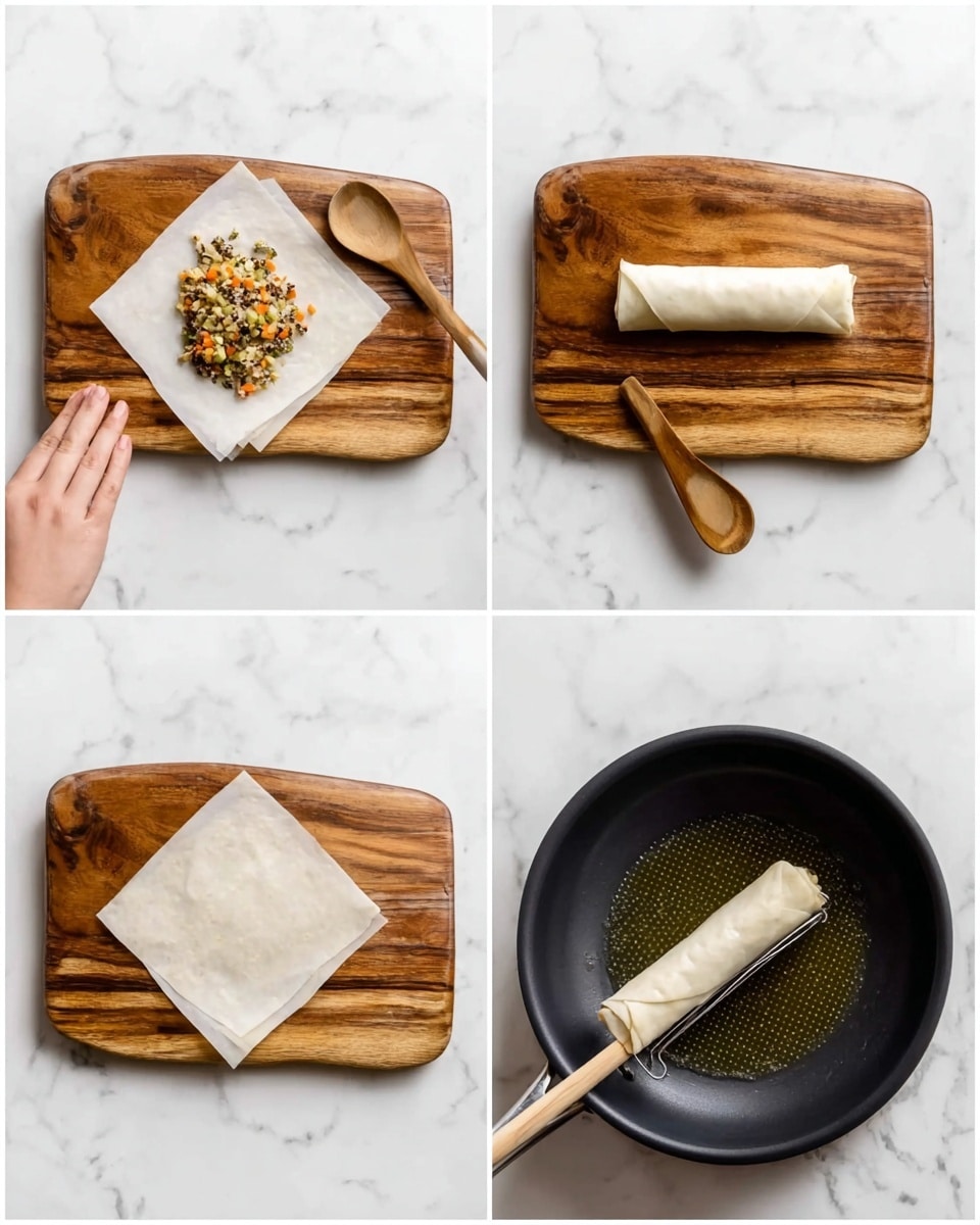 The image shows a clear glass blender sitting on a white marbled surface, with three separate shots captured in a row. The first shot has the blender filled with light yellow soft ingredients along with green herbs layered on top, creating a mix of smooth and leafy textures. The second shows the same blender but now the contents look blended into a smooth, light green creamy mixture, with no separate pieces visible. In the first frame on the left, a golden-brown spring roll is held above a dark oil-filled white bowl by a woman's hand, the spring roll showing crispy texture with slight bubbles on the surface, while the oil looks thick and reflective. A soft white cloth is partially seen near each setup across the frames. photo taken with an iphone --ar 4:5 --v 7