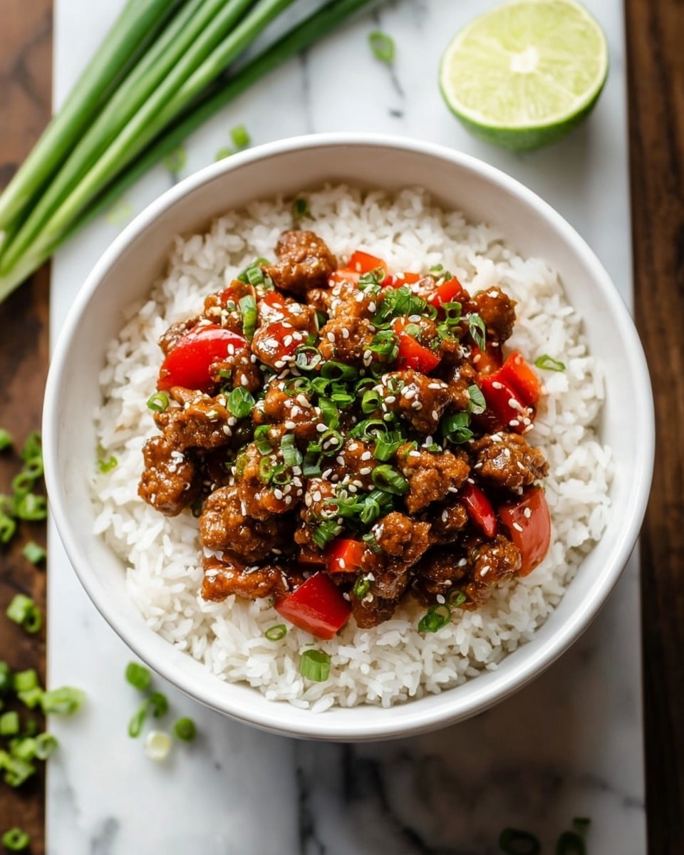 A white bowl filled with plain white rice as the bottom layer, topped with small pieces of brown saucy meat mixed with red bell pepper chunks, all covered in a shiny glaze. Green chopped spring onions and white sesame seeds are sprinkled on top, adding spots of color. The bowl is placed on a white marbled surface with a lime cut in half nearby, and some fresh green onions are visible in the background. photo taken with an iphone --ar 4:5 --v 7