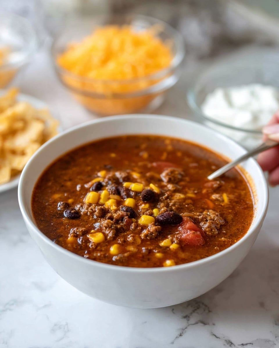 A white bowl filled with thick brown chili soup containing visible layers of yellow corn, black beans, ground meat, and small pieces of tomato, all mixed in a rich, slightly oily broth. The bowl is placed on a white marbled surface with blurred glass bowls in the background holding shredded orange cheese and a white creamy topping. The scene has soft natural lighting and a woman's hand is holding the bowl from the left side, slightly out of focus photo taken with an iphone --ar 4:5 --v 7