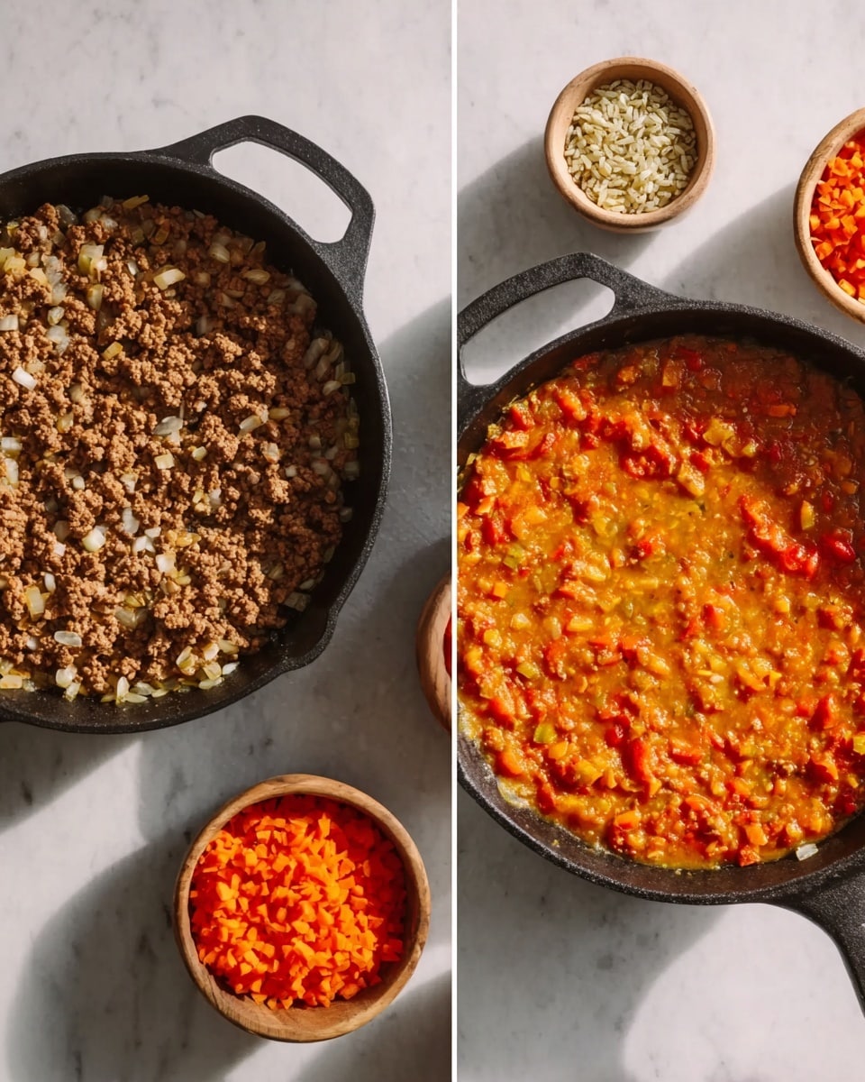 The image shows two black cast iron pans on a white marbled surface. The left pan contains cooked ground meat mixed with onion pieces, forming a brown, crumbly layer with small white bits evenly spread throughout. The right pan shows a cooked mixture where the ground meat is now blended with a thick sauce of bright orange and red colors from diced vegetables, making the texture wetter and more saucy. Next to the pans are bowls with finely diced orange and red vegetables and grains. The lighting is natural and soft. Photo taken with an iphone --ar 4:5 --v 7