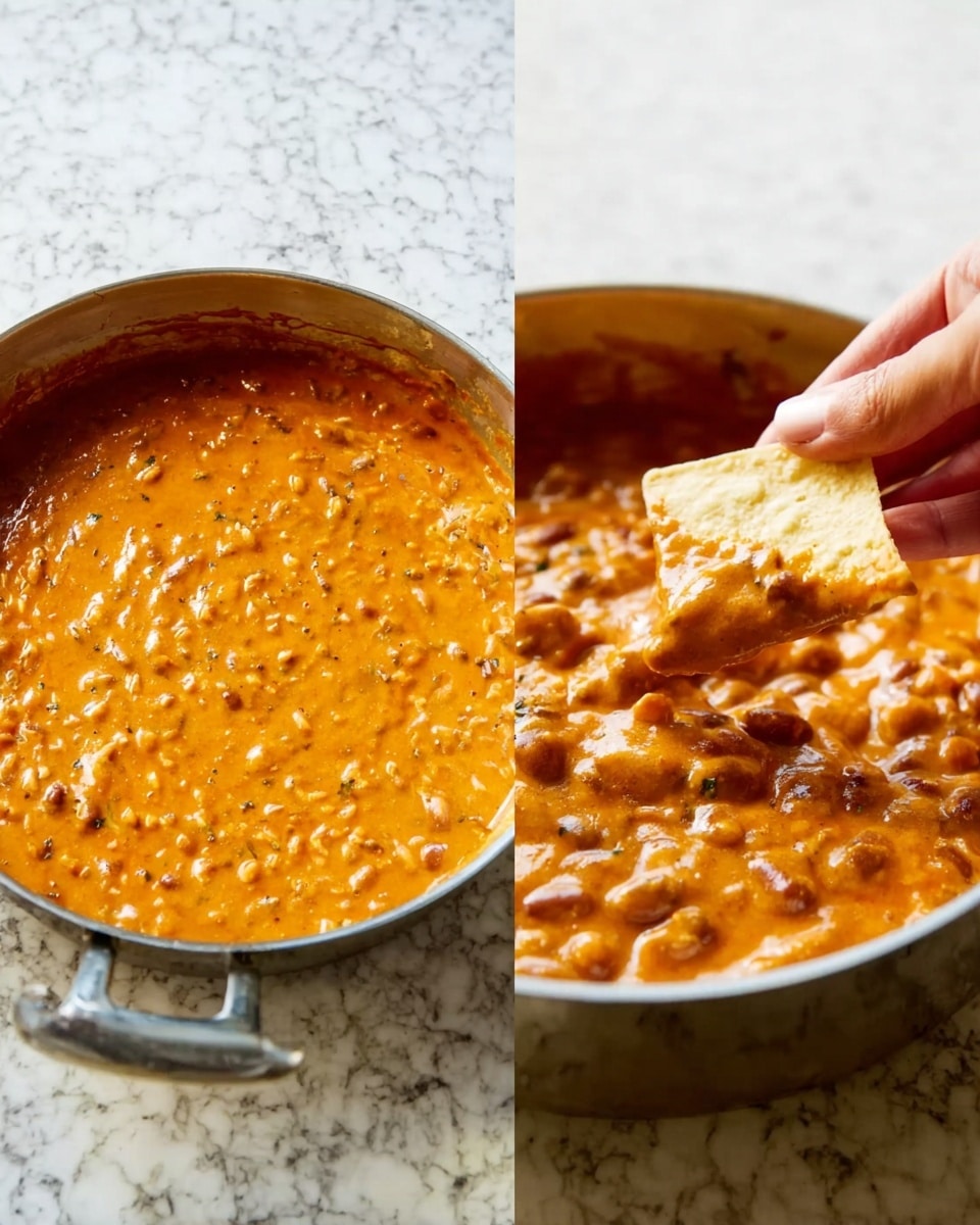 A silver pan filled with a thick orange sauce mixed with brown beans and small bits, sitting on a white marbled surface; next to it, a close-up of a woman's hand holding a triangular pale yellow chip dipped into the same thick orange and brown bean mixture, showing texture that looks creamy with chunky pieces, all captured in warm light. photo taken with an iphone --ar 4:5 --v 7