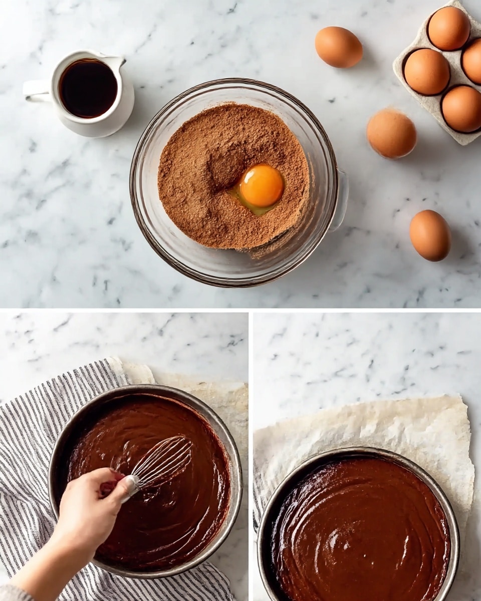 The first image shows a clear glass bowl on a white marbled surface filled with wet brown batter at the bottom, topped with a light brown powder and two raw eggs, with a small white jug of dark liquid and four brown eggs in the background. The second image features a woman's hand whisking smooth, thick, and glossy dark brown batter in the same clear glass bowl with a striped cloth underneath on the white marbled surface, alongside the jug and eggs. The third image shows a round baking pan with dark shiny batter spread evenly inside, placed on the white marbled surface with the same jug and eggs in the background, and a piece of parchment paper lining the pan. Photo taken with an iphone --ar 4:5 --v 7