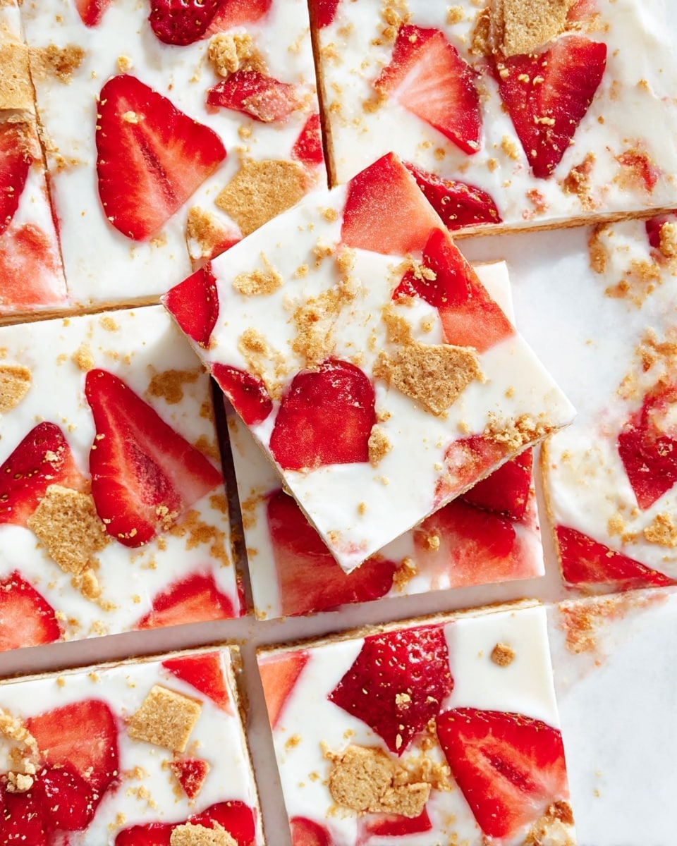 The image shows a white marbled surface covered with a single large sheet of frozen yogurt bark cut into square pieces. The bark has three layers visually: a thick smooth white frozen yogurt base, scattered with bright red strawberry slices that are fresh and juicy, and sprinkled with light golden-brown crushed cookie pieces that add texture. One piece is placed on top of the others at a slight angle, clearly showing the thickness and layers in more detail, with the strawberry slices and cookie pieces embedded visibly on top. Photo taken with an iphone --ar 4:5 --v 7